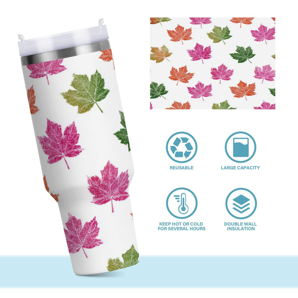 40 oz Insulated Stainless Steel Tumbler Double Wall Stainless Steel Tumbler with 2-Way Drinking Pink Maple Leaf C459J