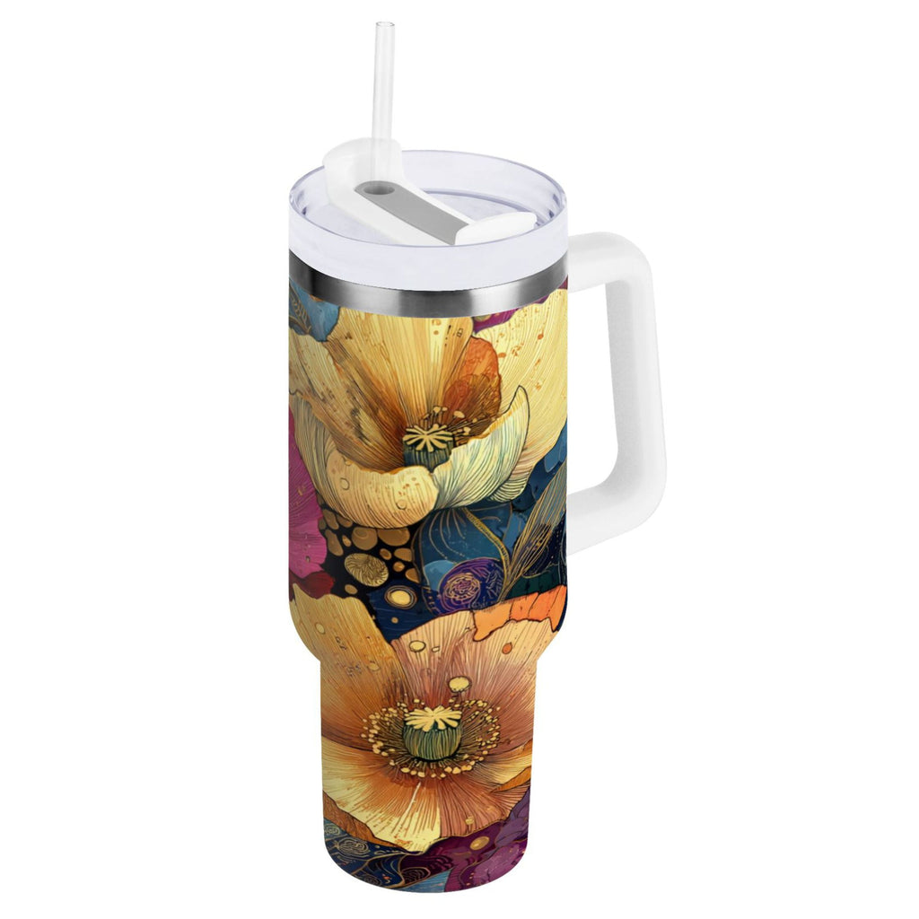 40 oz Insulated Stainless Steel Tumbler Double Wall Stainless Steel Tumbler with 2-Way Drinking Vibrant and Intricate Flowers C463F