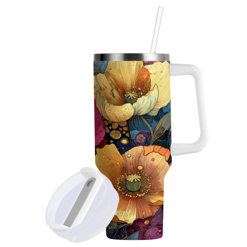 40 oz Insulated Stainless Steel Tumbler Double Wall Stainless Steel Tumbler with 2-Way Drinking Vibrant and Intricate Flowers C463F
