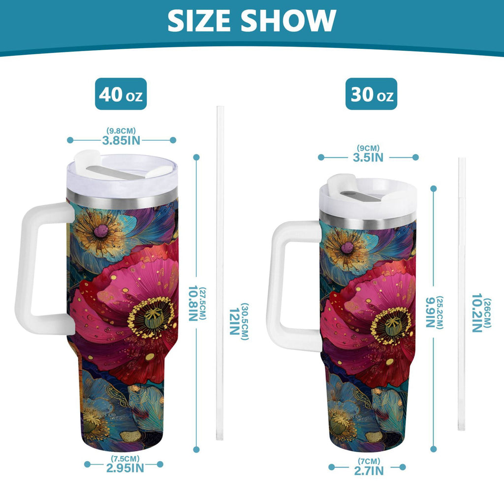 40 oz Insulated Stainless Steel Tumbler Double Wall Stainless Steel Tumbler with 2-Way Drinking Vibrant and Intricate Flowers C463F