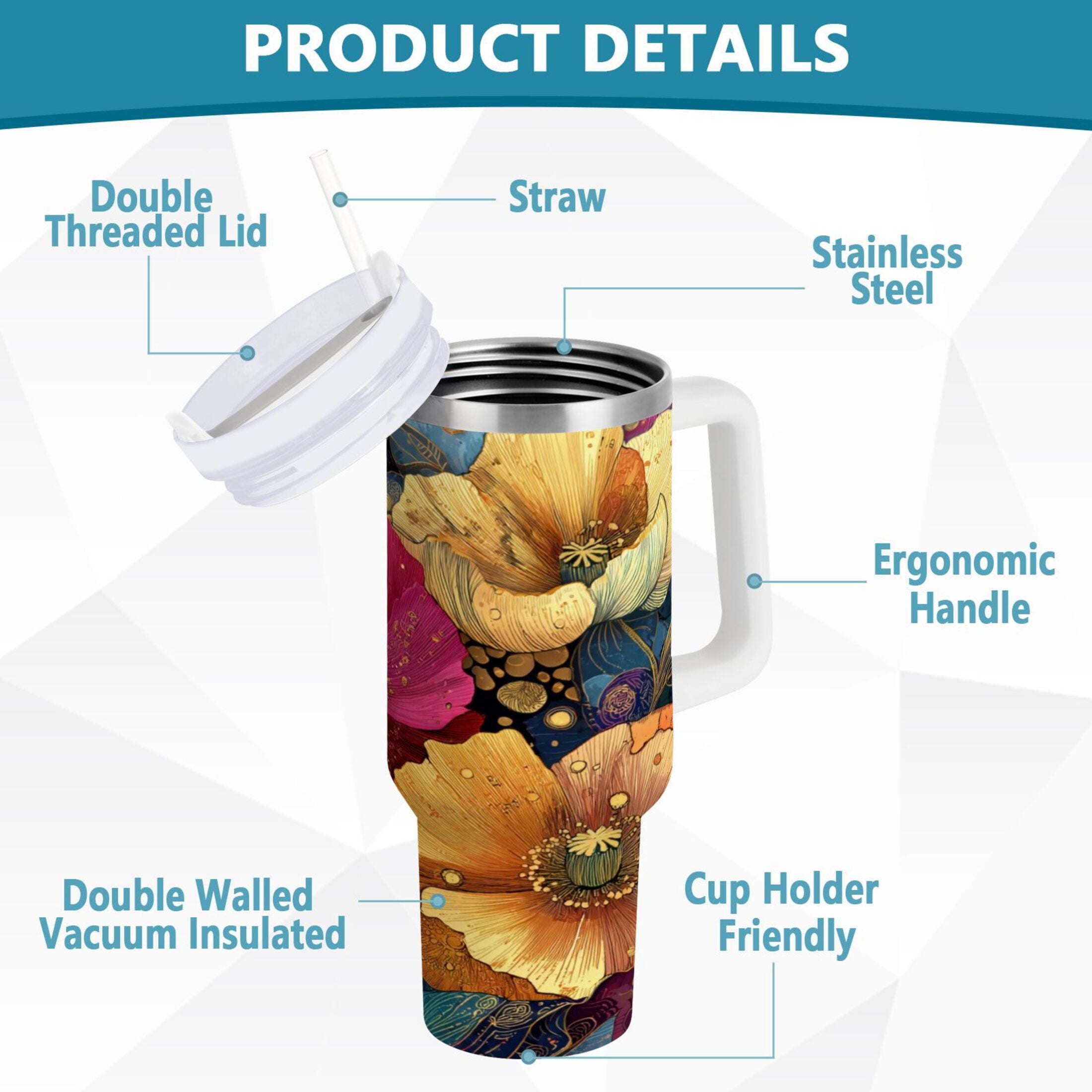 40 oz Insulated Stainless Steel Tumbler Double Wall Stainless Steel Tumbler with 2-Way Drinking Vibrant and Intricate Flowers C463F