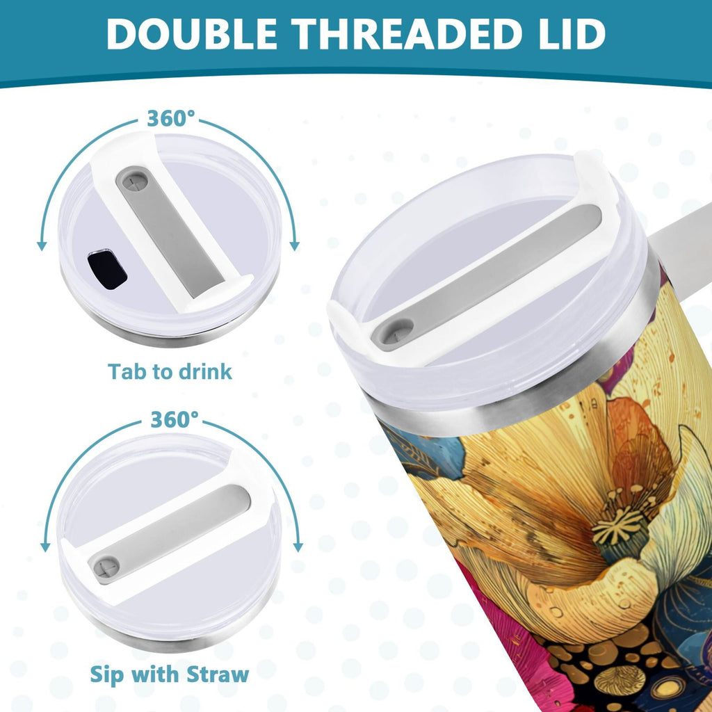40 oz Insulated Stainless Steel Tumbler Double Wall Stainless Steel Tumbler with 2-Way Drinking Vibrant and Intricate Flowers C463F