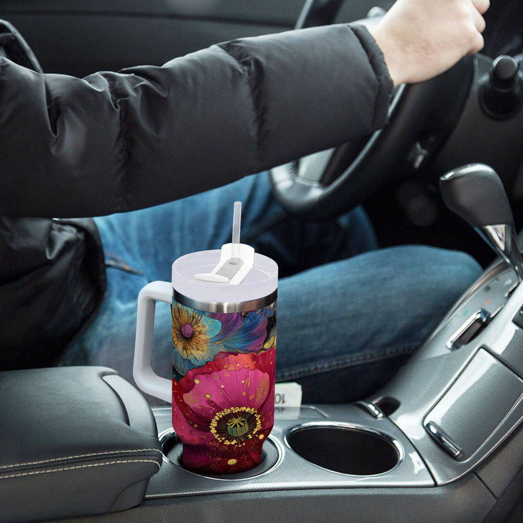40 oz Insulated Stainless Steel Tumbler Double Wall Stainless Steel Tumbler with 2-Way Drinking Vibrant and Intricate Flowers C463F