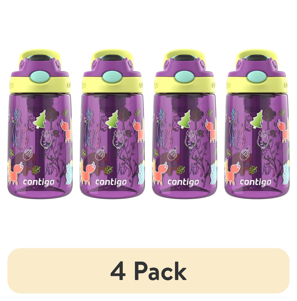 (4 pack) Contigo Kids Water Bottle with Redesigned AUTOSPOUT Straw, 14 oz, Grape Forest Haven C016N