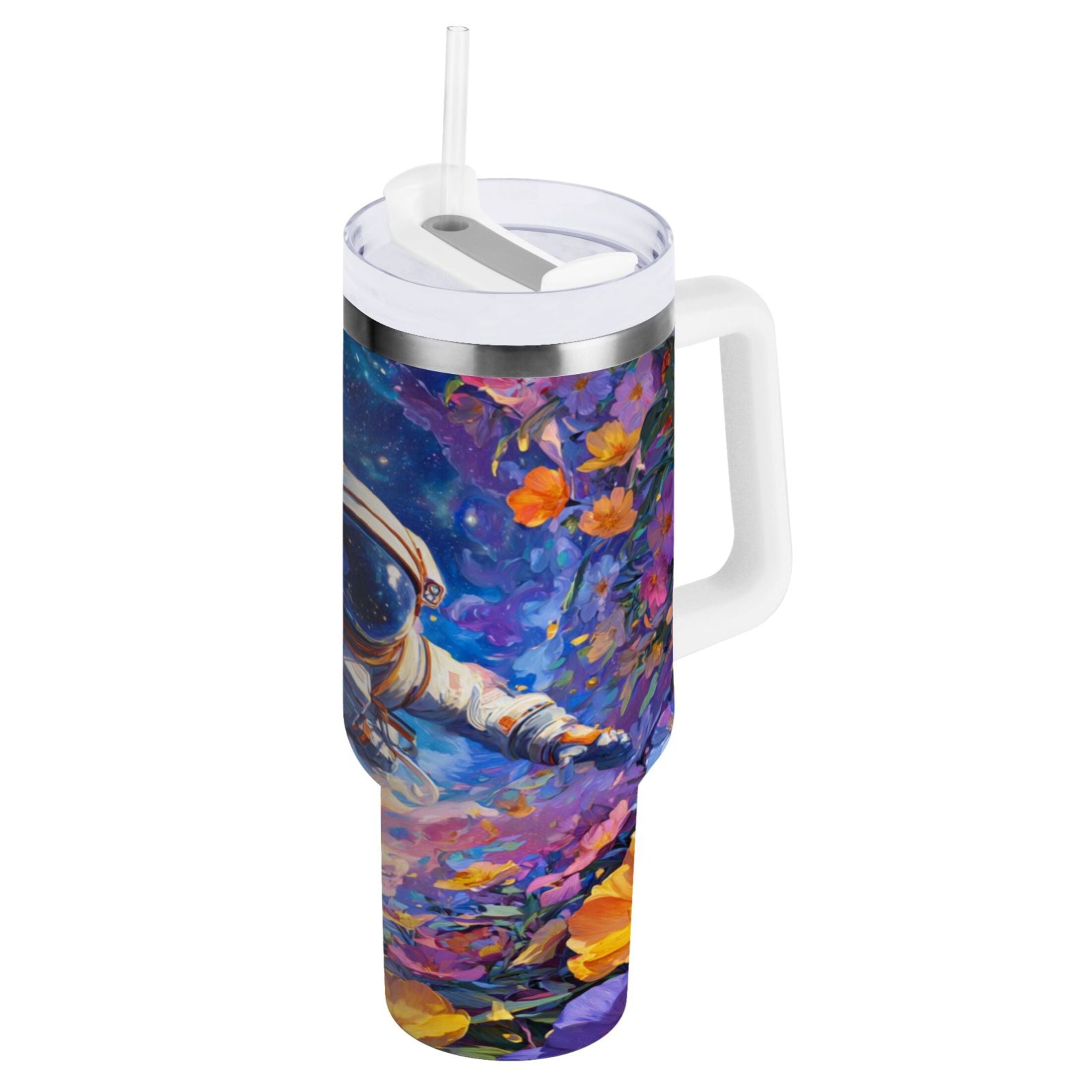 40 oz Insulated Stainless Steel Tumbler Double Wall Stainless Steel Tumbler with 2-Way Drinking Astronaut and Colorful Flowers C562D