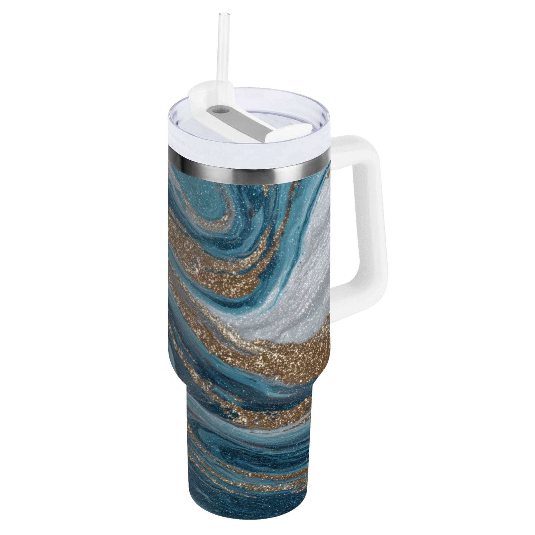 30 oz Insulated Stainless Steel Tumbler Double Wall Stainless Steel Tumbler with 2-Way Drinking Blue and Gold Swirling C497Z