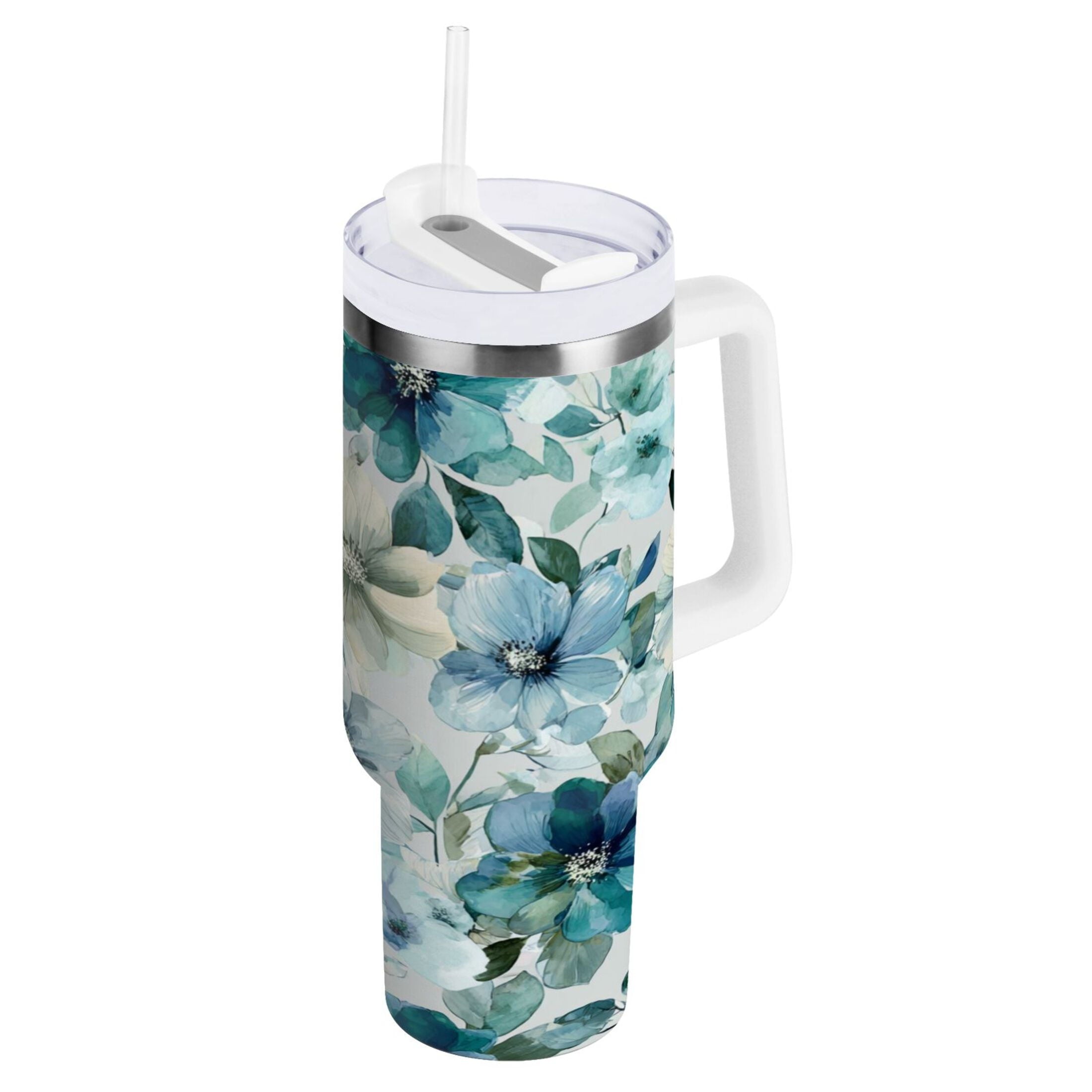 30 oz Insulated Stainless Steel Tumbler Double Wall Stainless Steel Tumbler with 2-Way Drinking Blue and Green Flowers C476M
