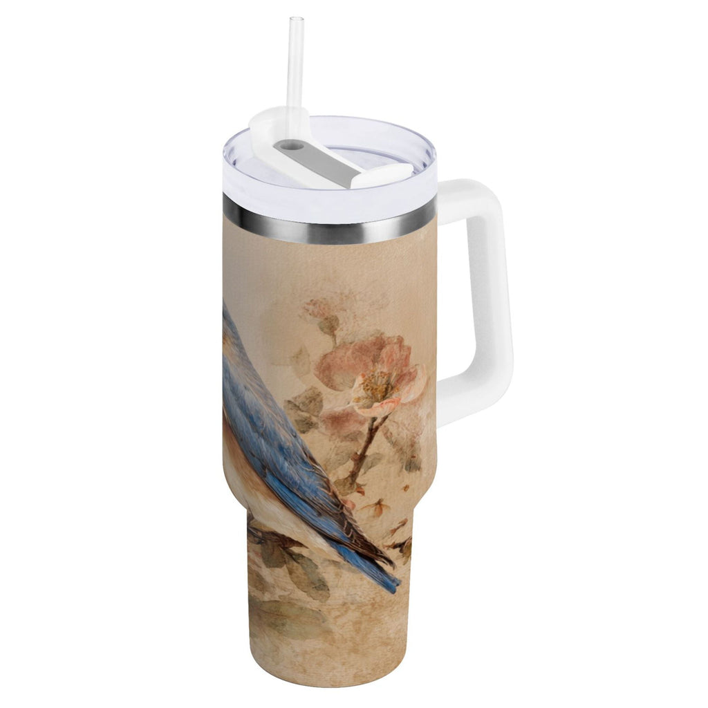 40 oz Insulated Stainless Steel Tumbler Double Wall Stainless Steel Tumbler with 2-Way Drinking Bluebird and Ancient Flowers C574Q