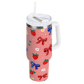 40 oz Insulated Stainless Steel Tumbler Double Wall Stainless Steel Tumbler with 2-Way Drinking Bows and Strawberries Pattern C511T