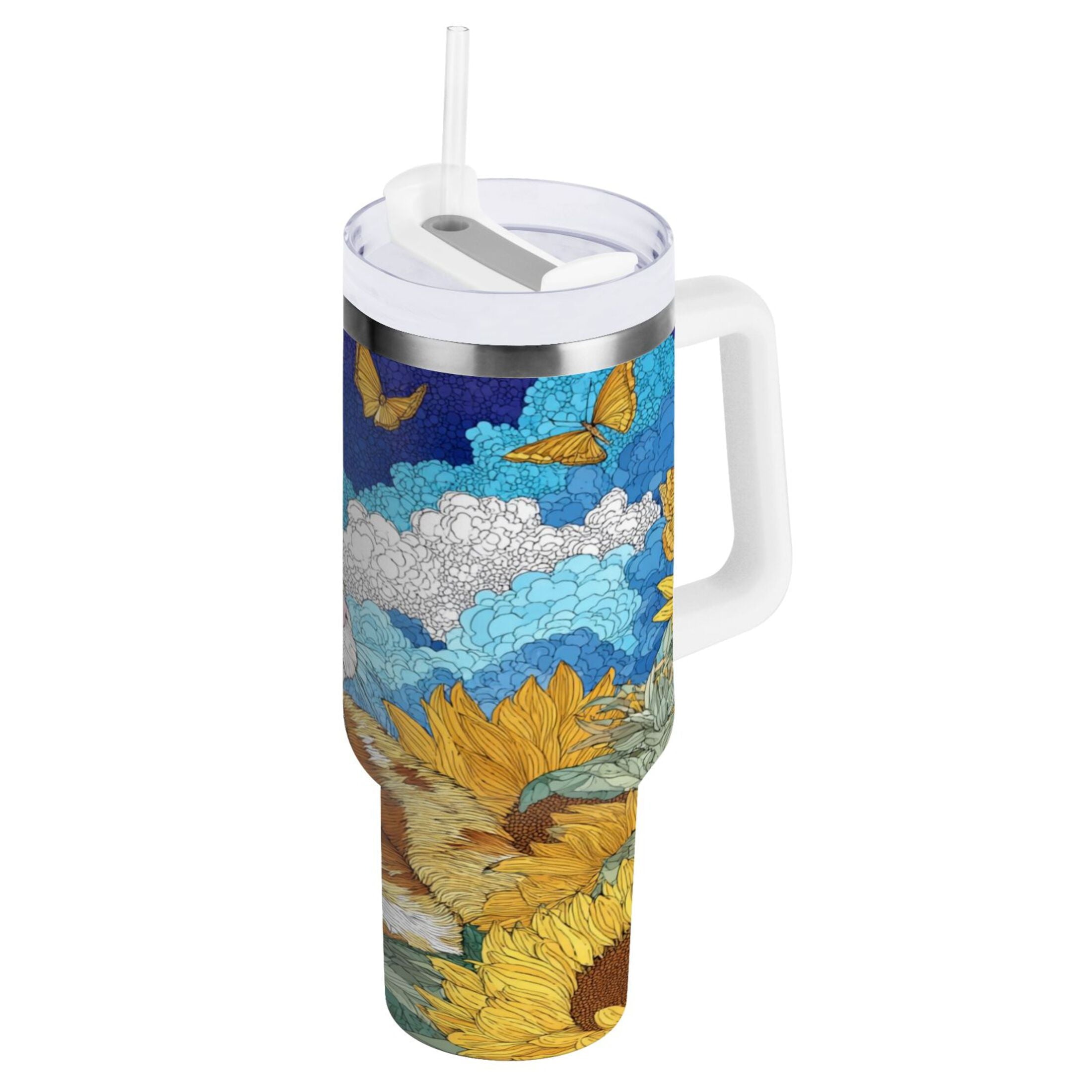 40 oz Insulated Stainless Steel Tumbler Double Wall Stainless Steel Tumbler with 2-Way Drinking Cat Lies in The Sunflowers C651Y