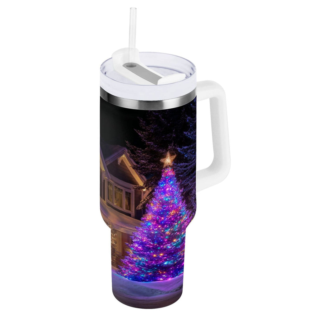 40 oz Insulated Stainless Steel Tumbler Double Wall Stainless Steel Tumbler with 2-Way Drinking Christmas Trees with Lights C664B