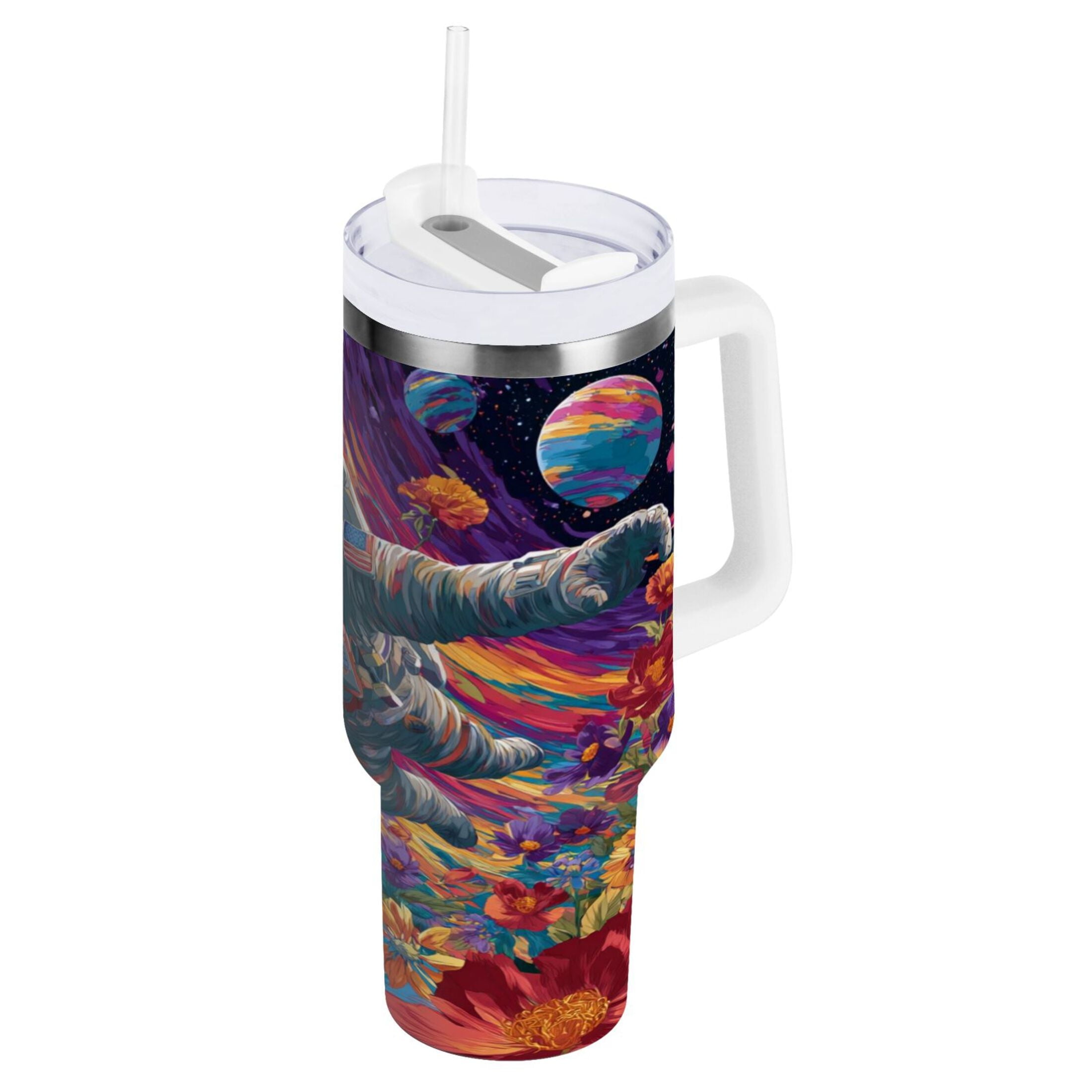40 oz Insulated Stainless Steel Tumbler Double Wall Stainless Steel Tumbler with 2-Way Drinking Colorful Flowers and Planets C598G