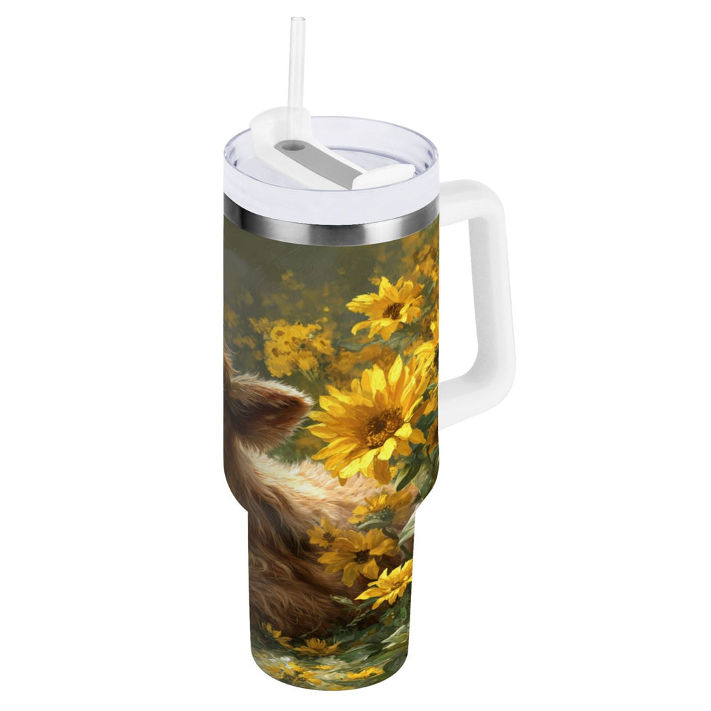 40 oz Insulated Stainless Steel Tumbler Double Wall Stainless Steel Tumbler with 2-Way Drinking Cow Lying in Sunflowers C665L