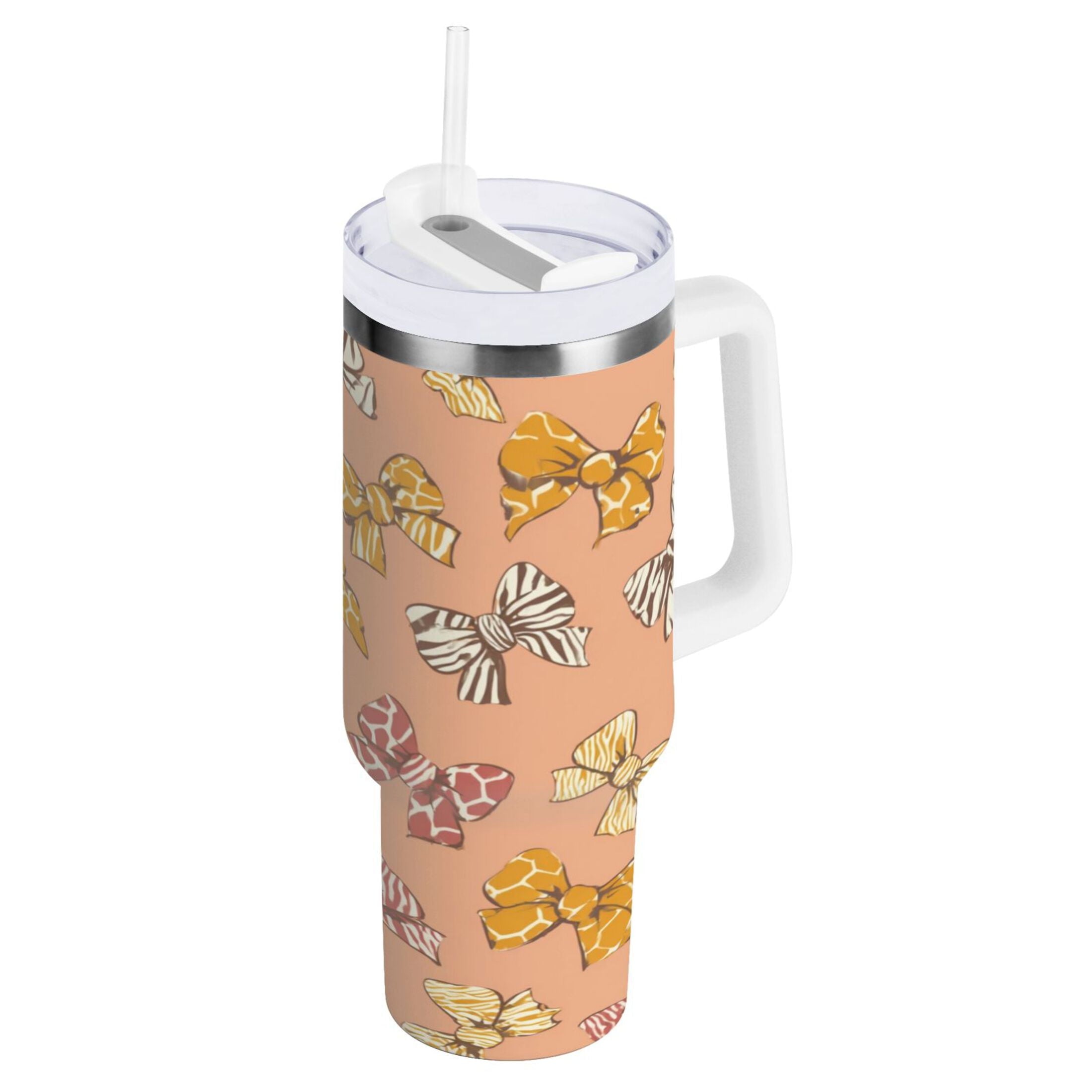 40 oz Insulated Stainless Steel Tumbler Double Wall Stainless Steel Tumbler with 2-Way Drinking Cute Animal Print Bows C678U
