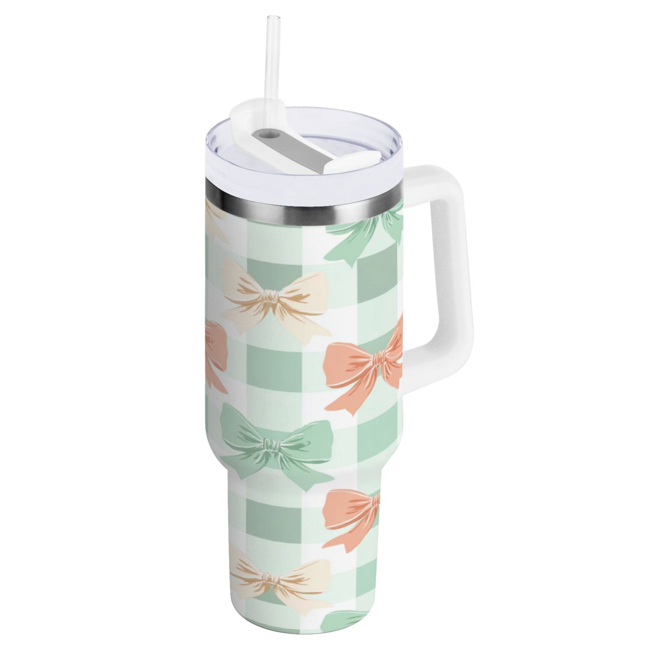 40 oz Insulated Stainless Steel Tumbler Double Wall Stainless Steel Tumbler with 2-Way Drinking Green and Peach Bow Pattern C544E
