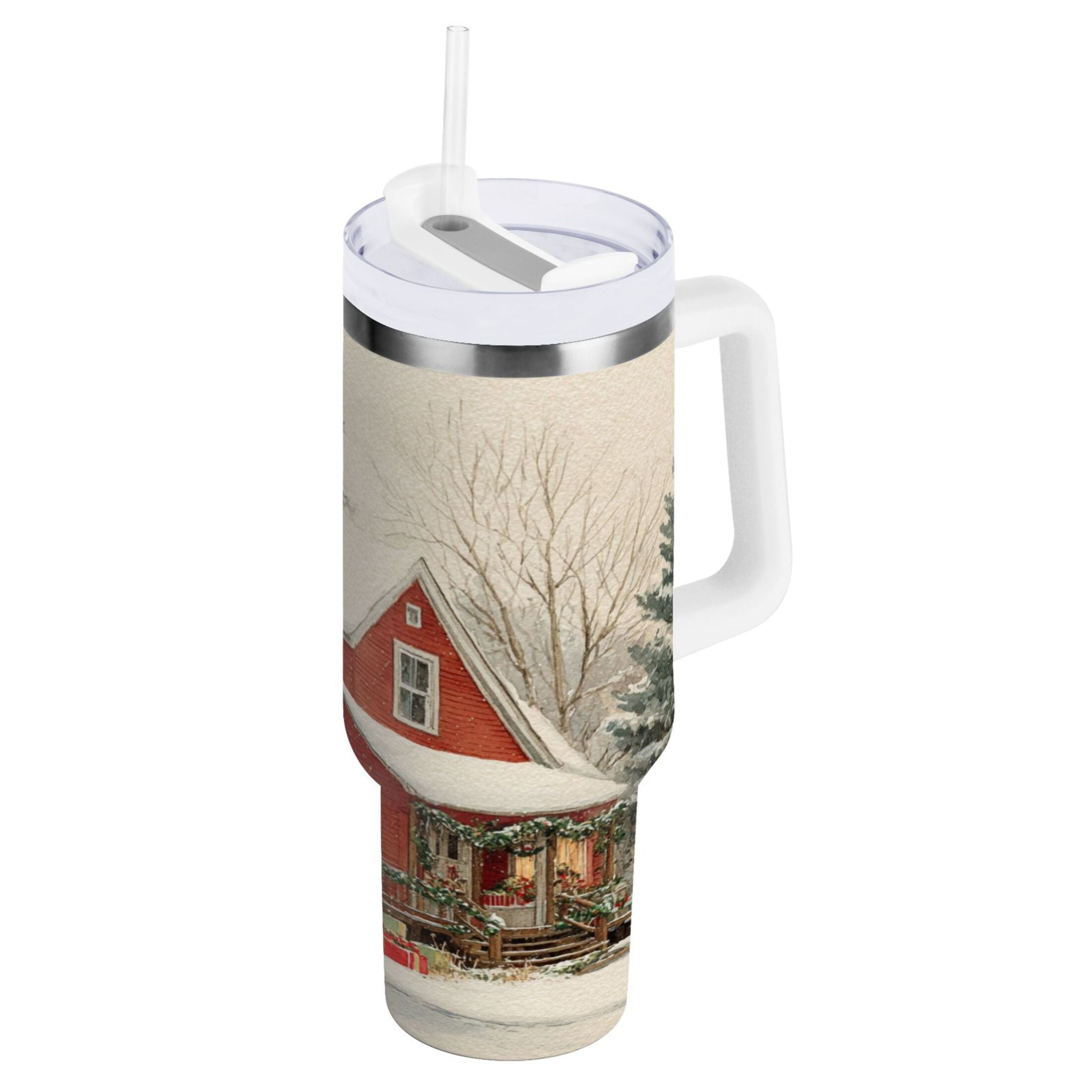 40 oz Insulated Stainless Steel Tumbler Double Wall Stainless Steel Tumbler with 2-Way Drinking House with Snow-covered Roof C674D