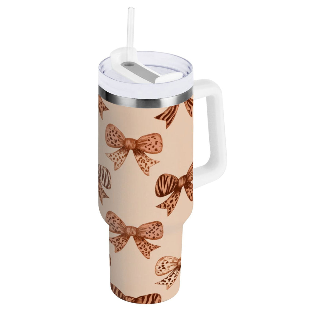 40 oz Insulated Stainless Steel Tumbler Double Wall Stainless Steel Tumbler with 2-Way Drinking Leopard Print Bow C550P