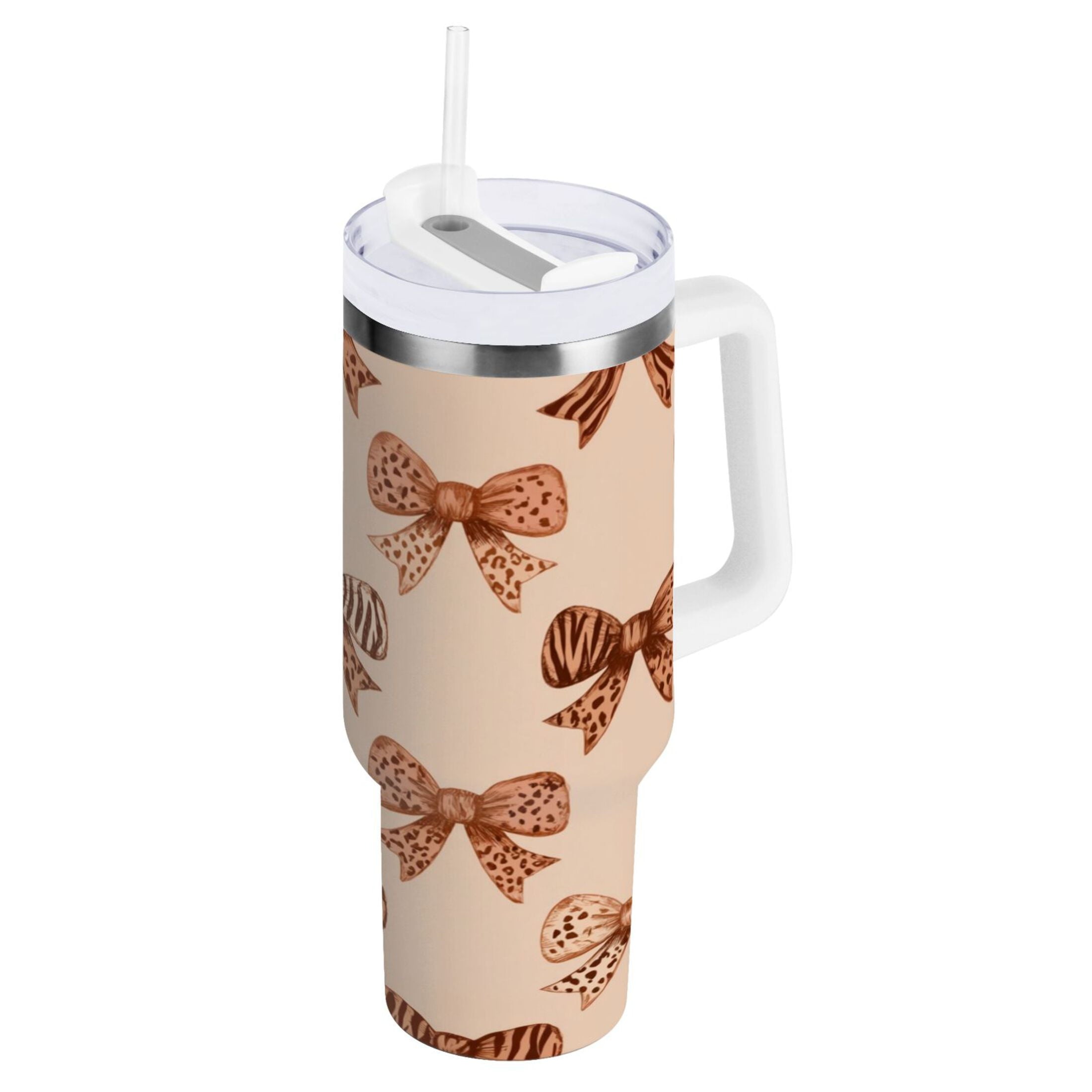 40 oz Insulated Stainless Steel Tumbler Double Wall Stainless Steel Tumbler with 2-Way Drinking Leopard Print Bow C550P