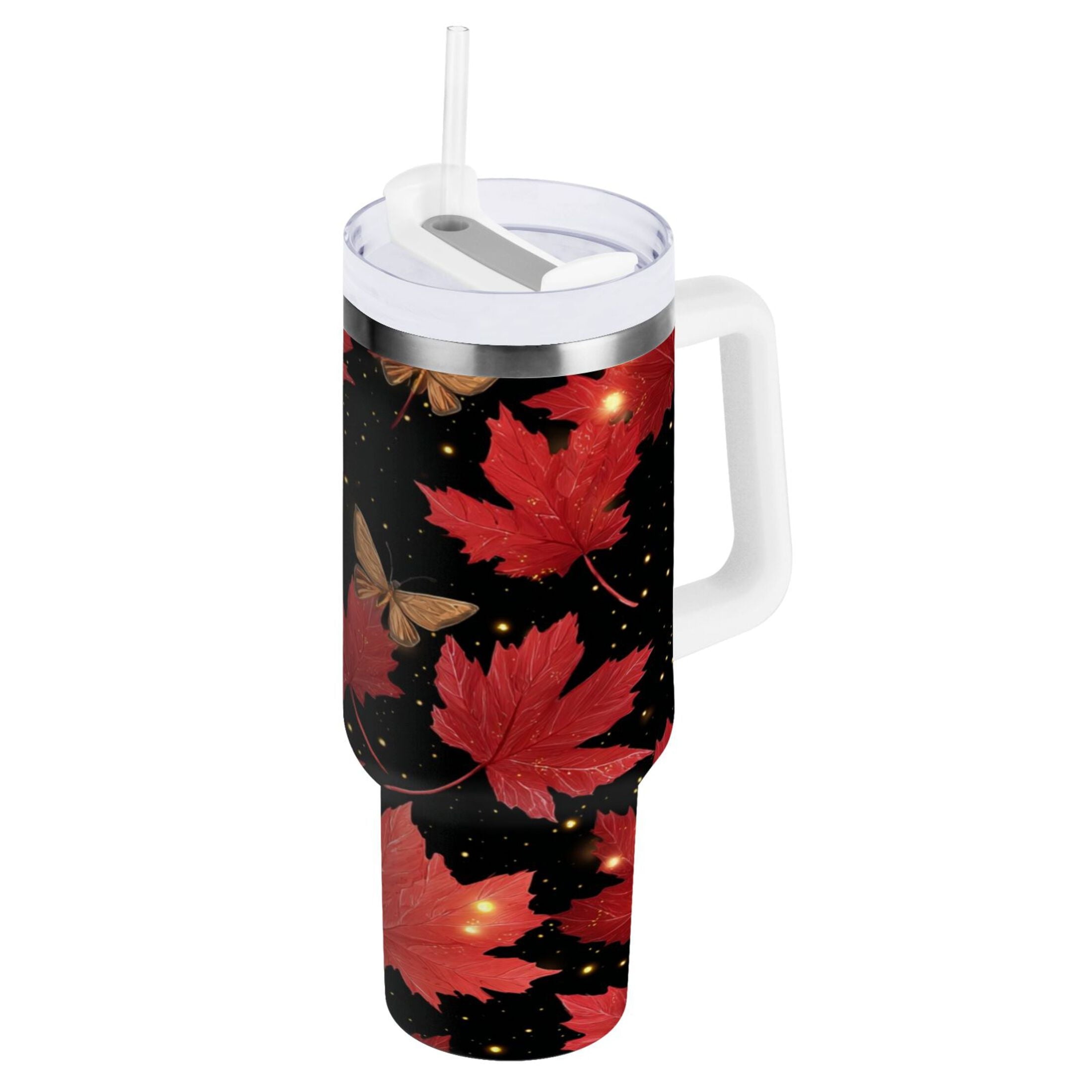 40 oz Insulated Stainless Steel Tumbler Double Wall Stainless Steel Tumbler with 2-Way Drinking Maple Leaves and Fireflies C516U