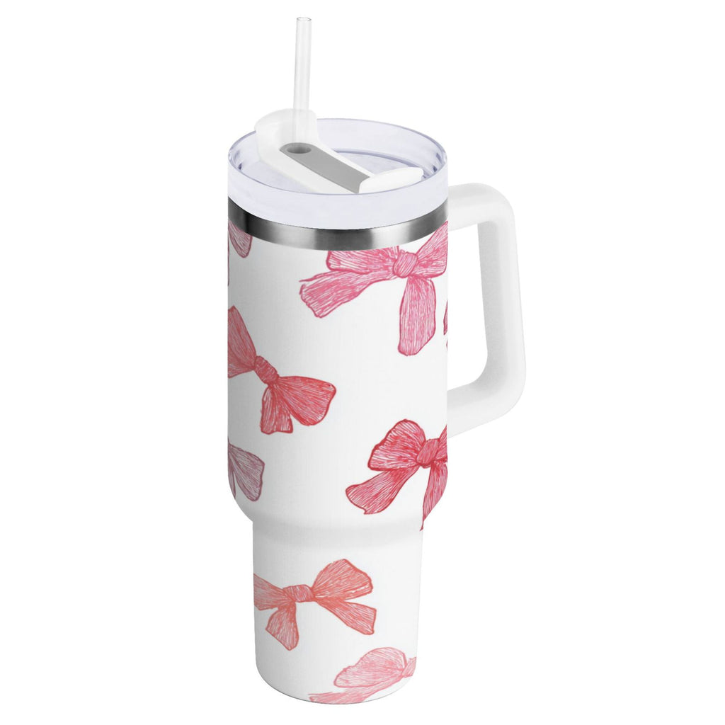 40 oz Insulated Stainless Steel Tumbler Double Wall Stainless Steel Tumbler with 2-Way Drinking Pink Bows Pattern C570V