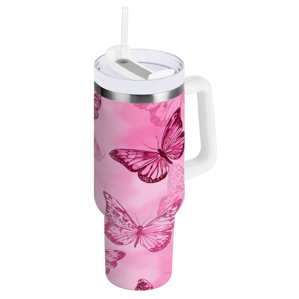 40 oz Insulated Stainless Steel Tumbler Double Wall Stainless Steel Tumbler with 2-Way Drinking Pink Butterfly Pattern C629D