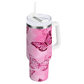 40 oz Insulated Stainless Steel Tumbler Double Wall Stainless Steel Tumbler with 2-Way Drinking Pink Butterfly Pattern C629D