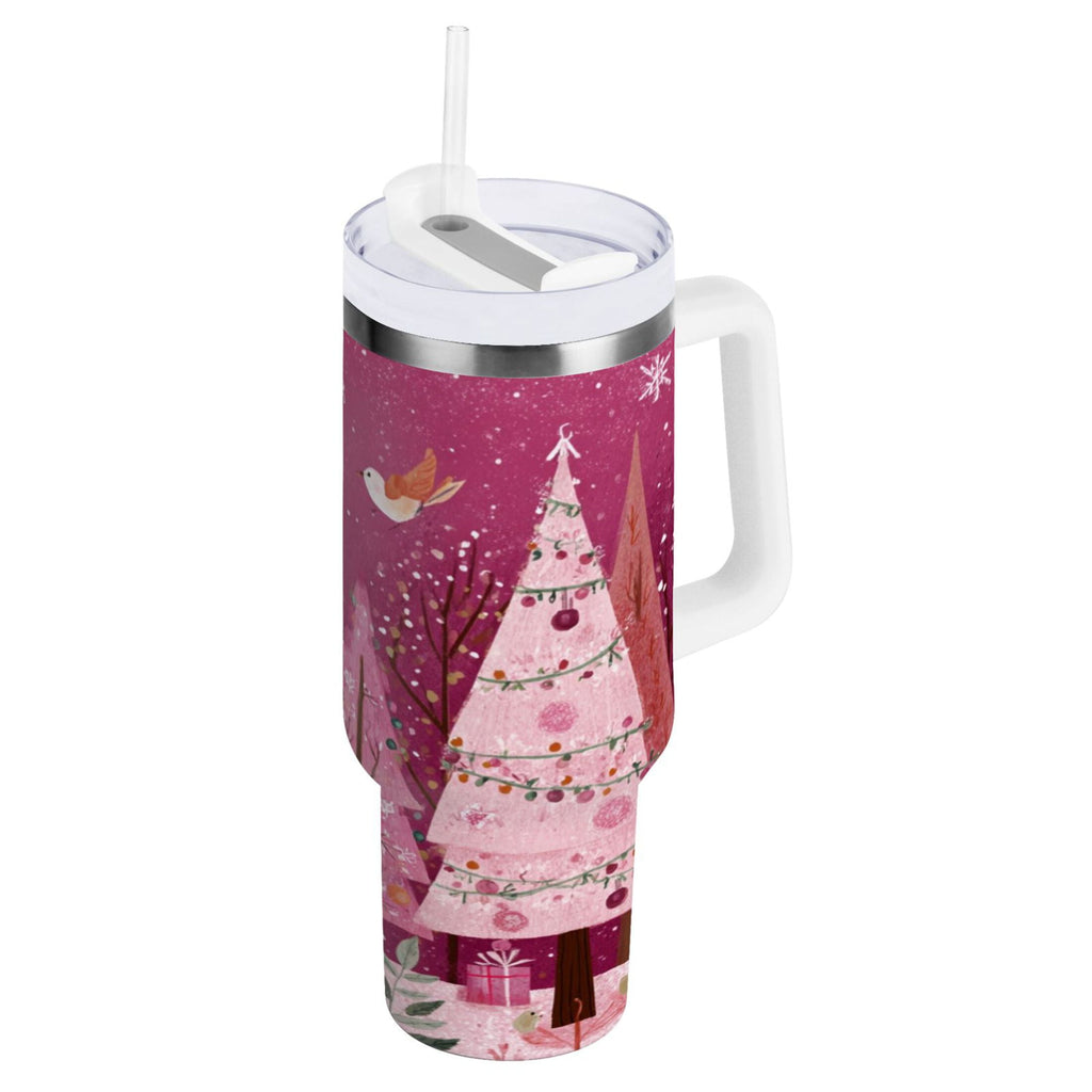40 oz Insulated Stainless Steel Tumbler Double Wall Stainless Steel Tumbler with 2-Way Drinking Pink Christmas Forest C512S