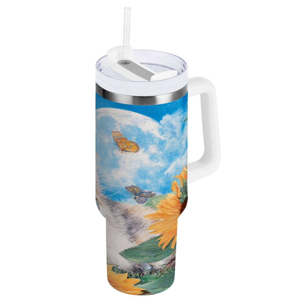 40 oz Insulated Stainless Steel Tumbler Double Wall Stainless Steel Tumbler with 2-Way Drinking Playful Cat Lying Sunflowers C549U