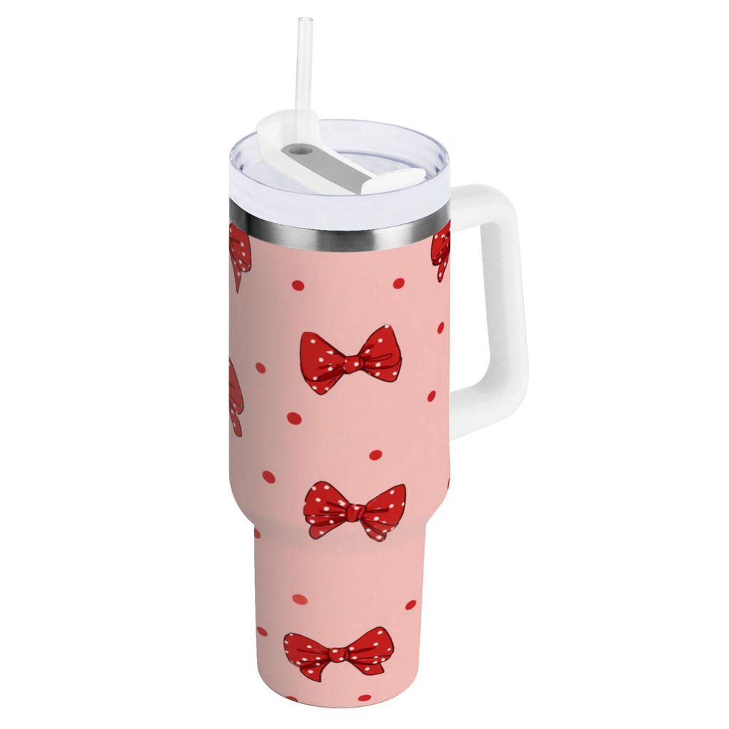 40 oz Insulated Stainless Steel Tumbler Double Wall Stainless Steel Tumbler with 2-Way Drinking Red Bows and Polka Dots C531W