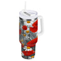 40 oz Insulated Stainless Steel Tumbler Double Wall Stainless Steel Tumbler with 2-Way Drinking Red Flowers and Daisies C498S