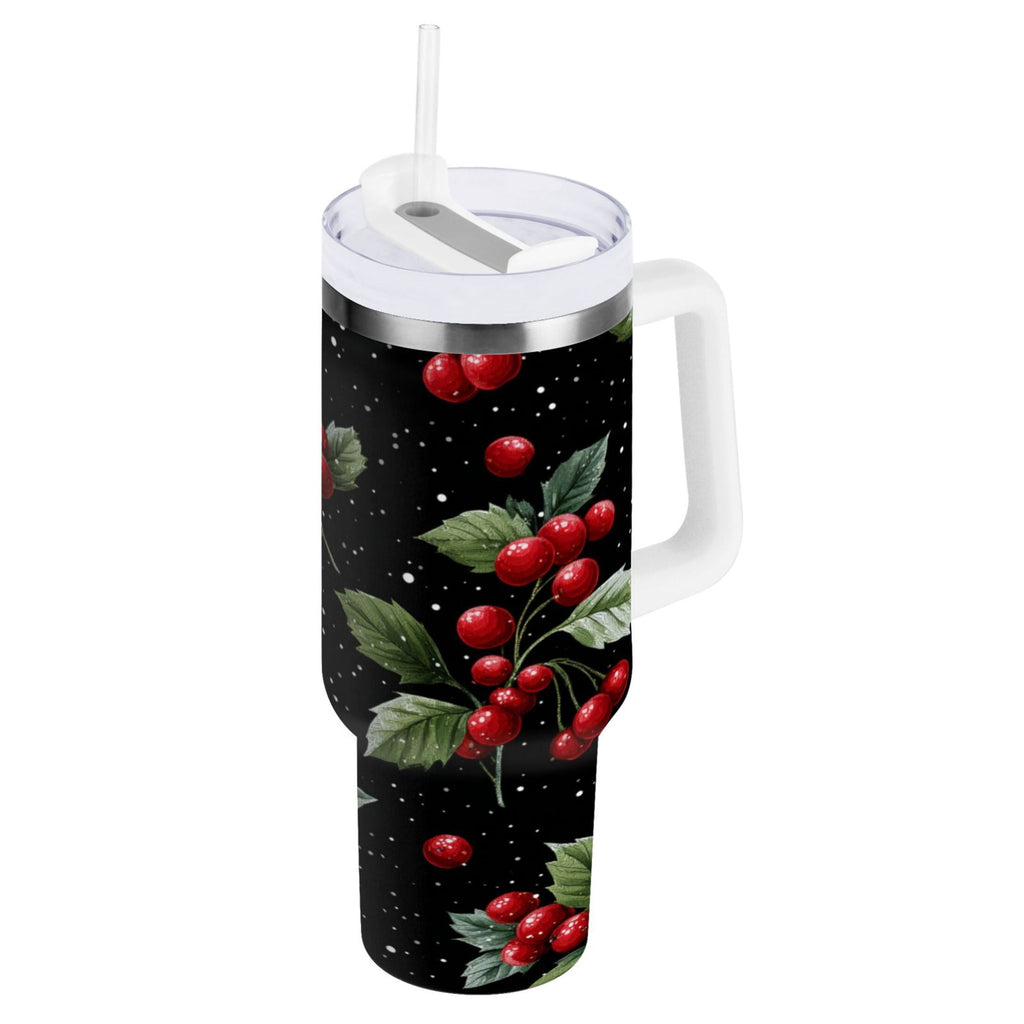 40 oz Insulated Stainless Steel Tumbler Double Wall Stainless Steel Tumbler with 2-Way Drinking Red Holly Berries Pattern C652E
