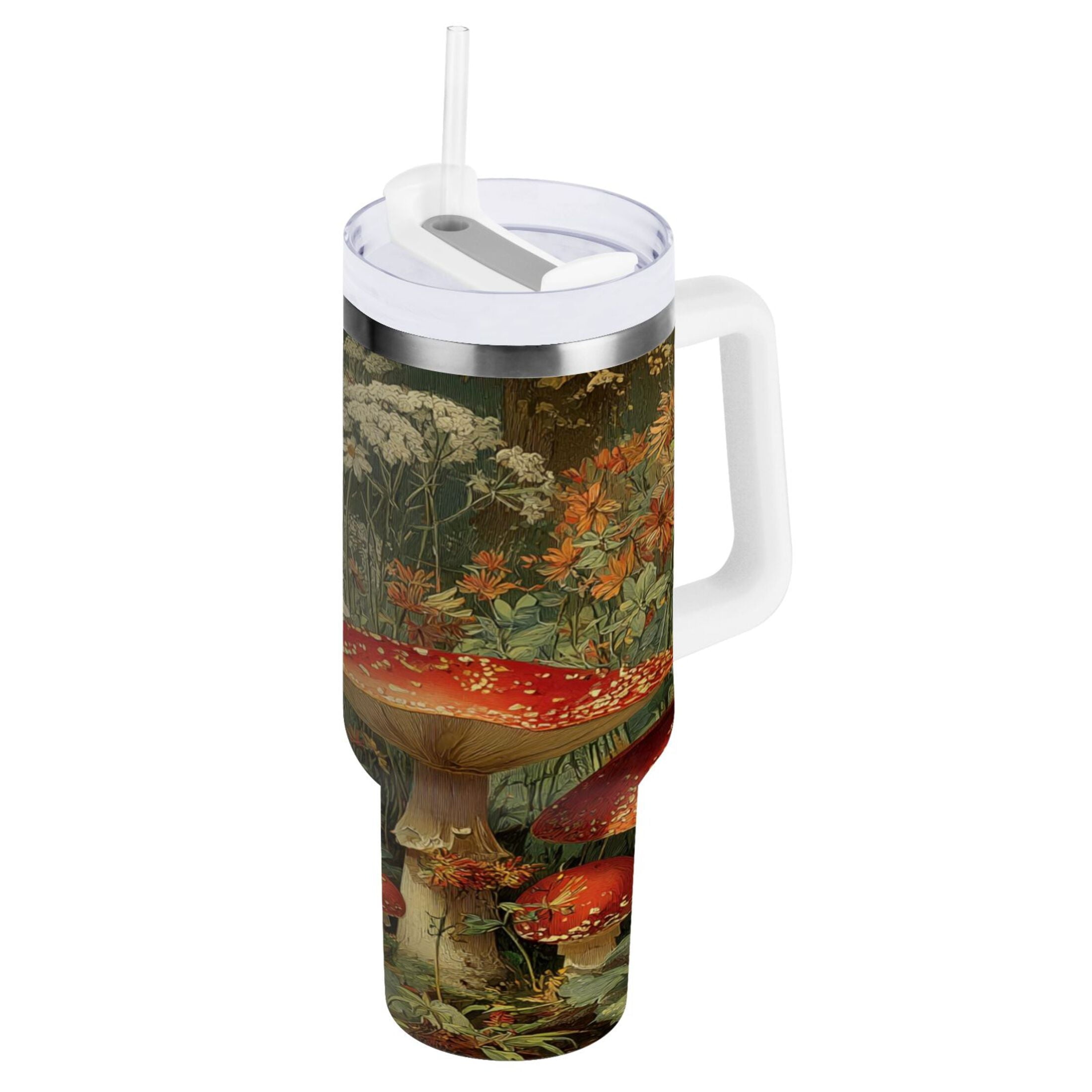 40 oz Insulated Stainless Steel Tumbler Double Wall Stainless Steel Tumbler with 2-Way Drinking Red Mushrooms C505X
