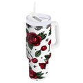 40 oz Insulated Stainless Steel Tumbler Double Wall Stainless Steel Tumbler with 2-Way Drinking Red Roses and Cherries C599D