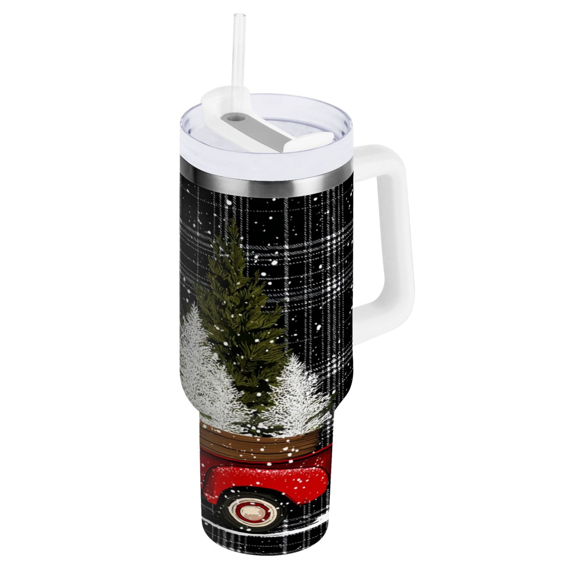 40 oz Insulated Stainless Steel Tumbler Double Wall Stainless Steel Tumbler with 2-Way Drinking Red Truck with Christmas Tree C669U