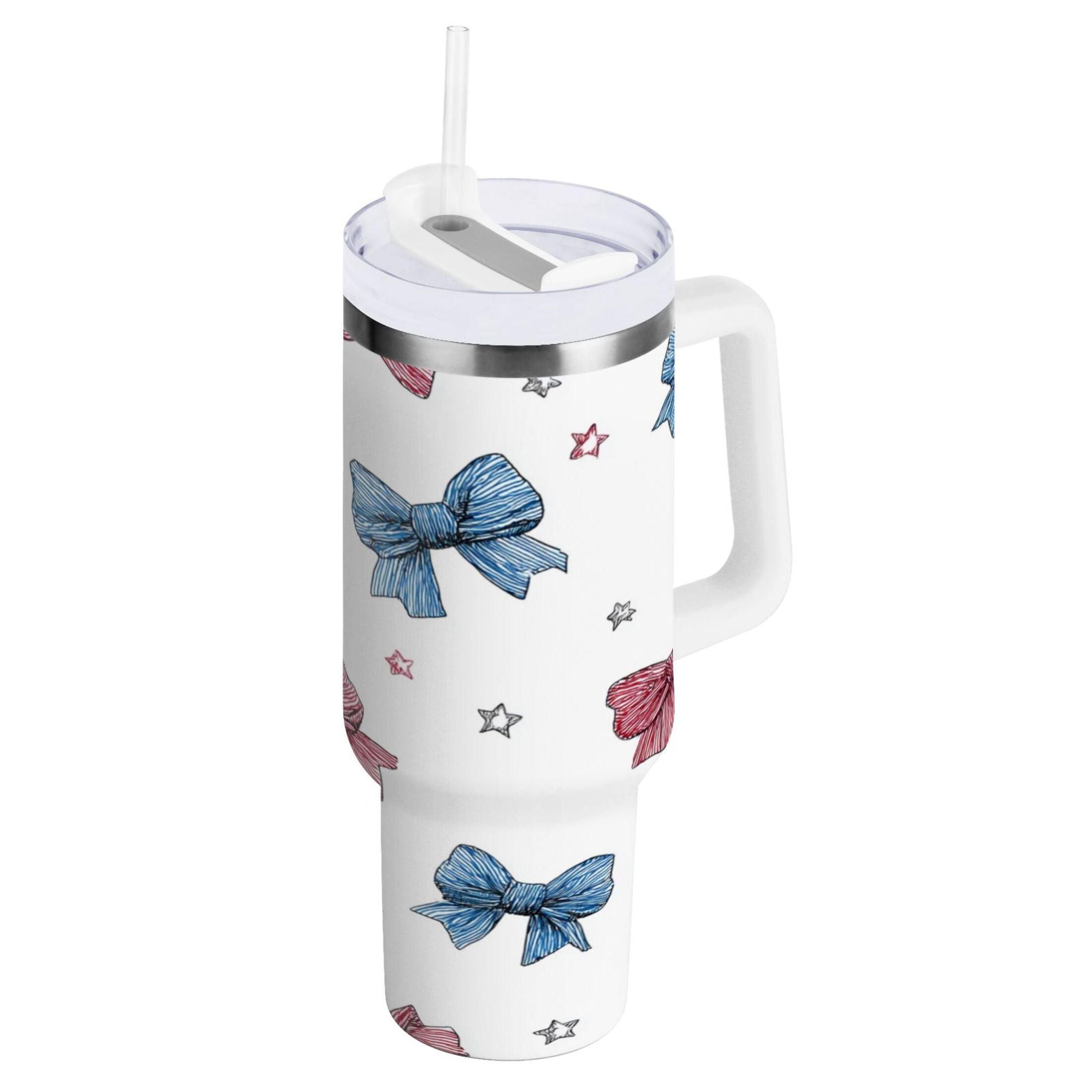 40 oz Insulated Stainless Steel Tumbler Double Wall Stainless Steel Tumbler with 2-Way Drinking Red and Blue Stripes Bows C510A