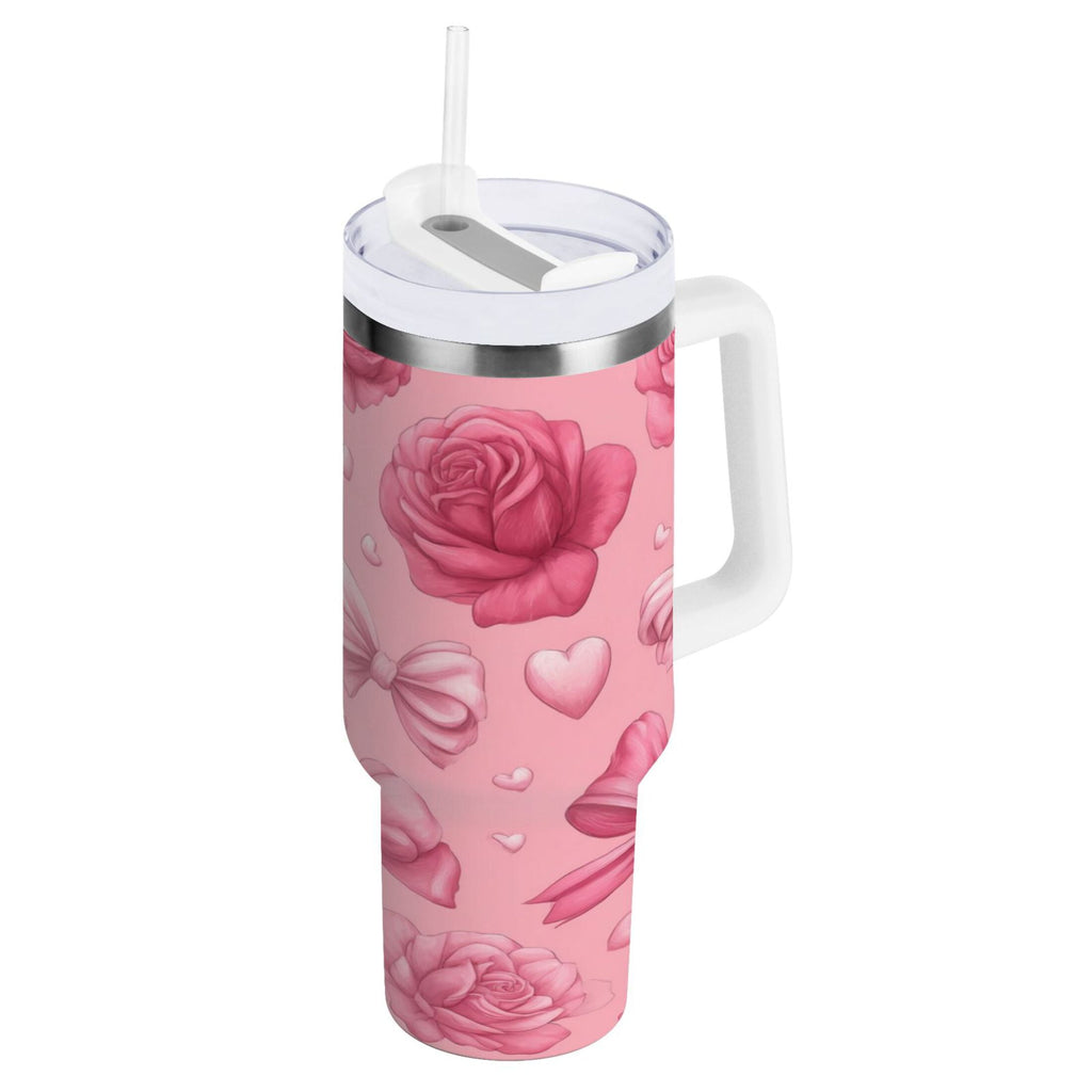 40 oz Insulated Stainless Steel Tumbler Double Wall Stainless Steel Tumbler with 2-Way Drinking Roses and Bows Pattern C661Z