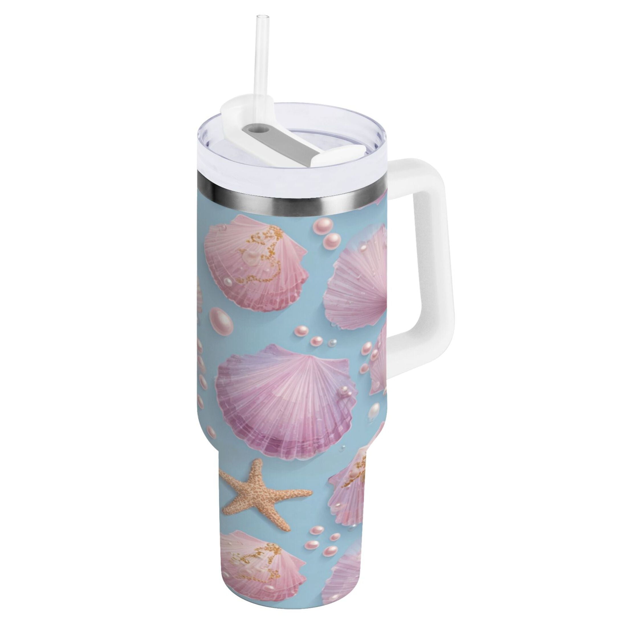 40 oz Insulated Stainless Steel Tumbler Double Wall Stainless Steel Tumbler with 2-Way Drinking Seashells and Pearls Pattern C569V