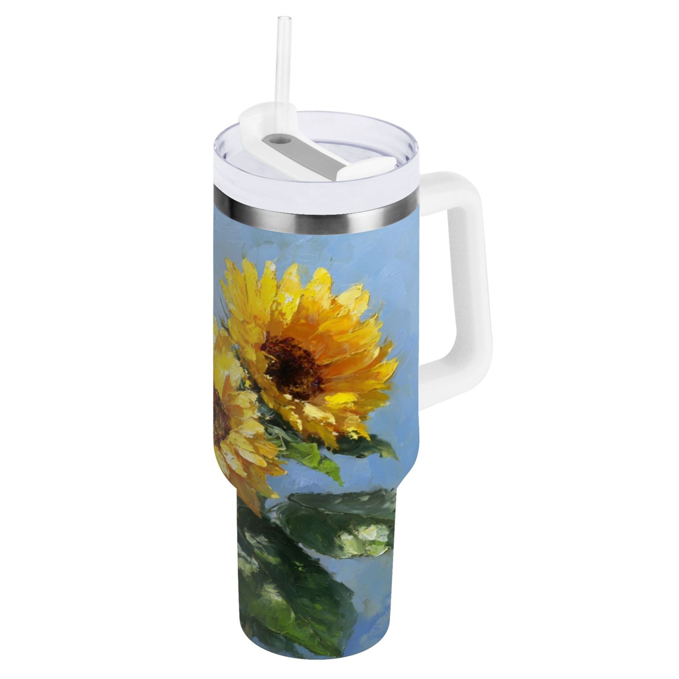 40 oz Insulated Stainless Steel Tumbler Double Wall Stainless Steel Tumbler with 2-Way Drinking Sunflowers Painting C611Q