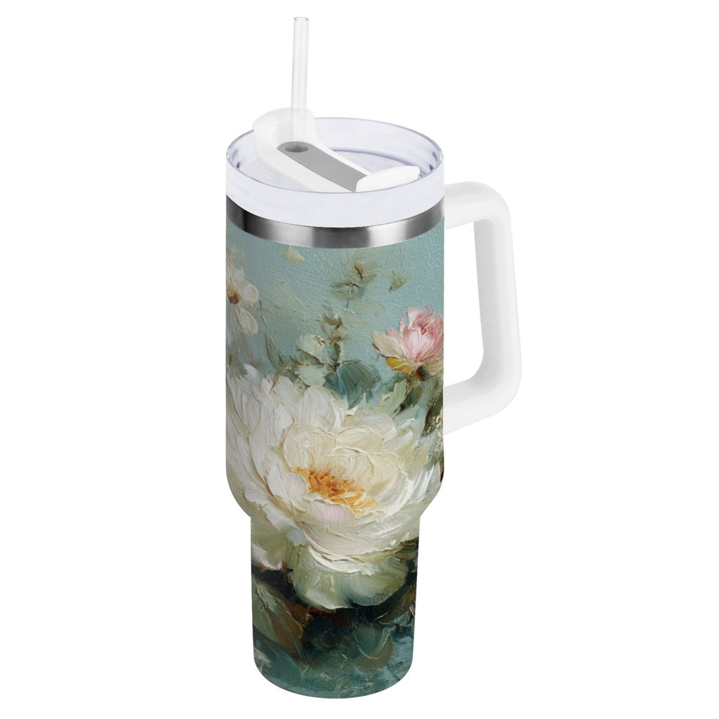 40 oz Insulated Stainless Steel Tumbler Double Wall Stainless Steel Tumbler with 2-Way Drinking Vintage Peonies and Daisies C677F