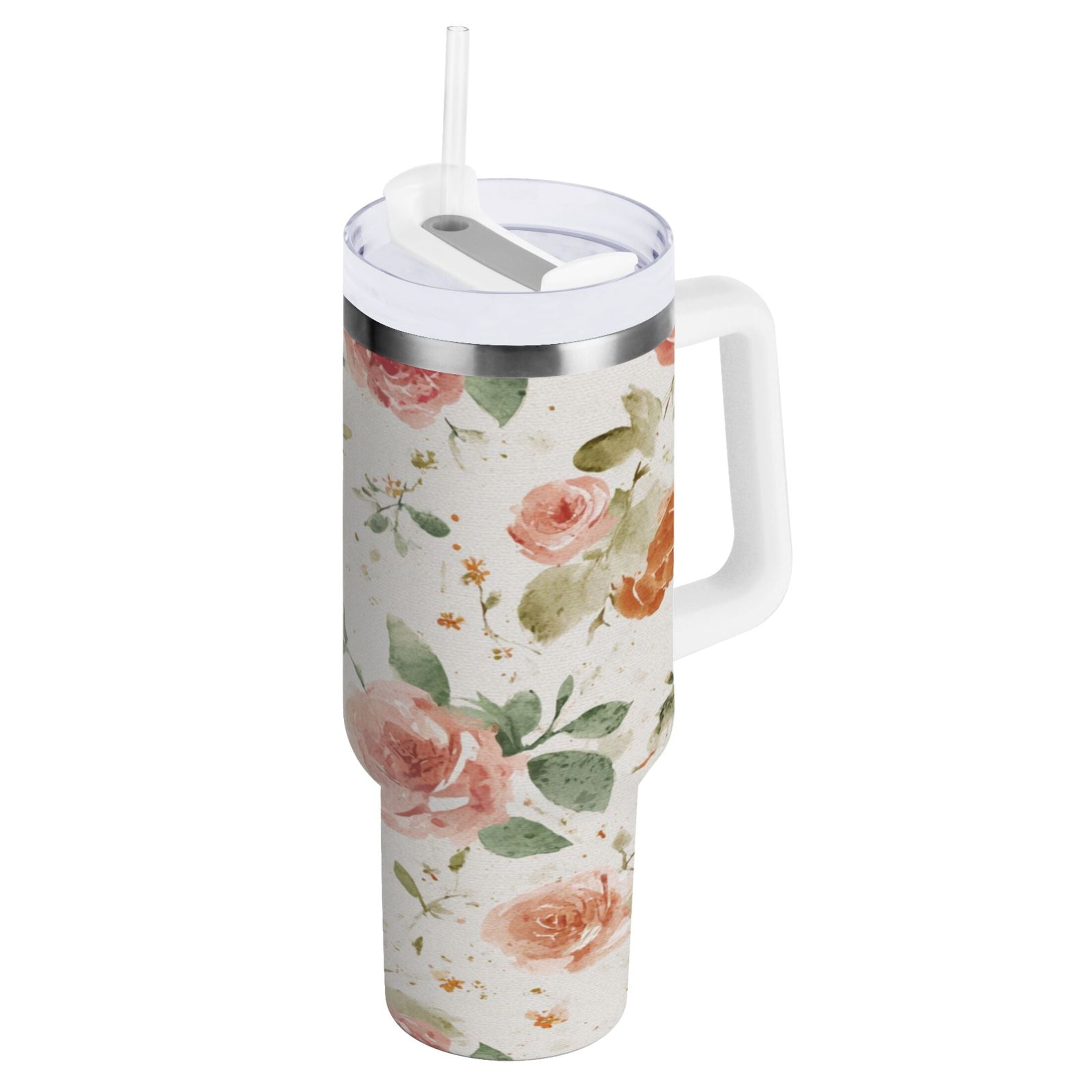 40 oz Insulated Stainless Steel Tumbler Double Wall Stainless Steel Tumbler with 2-Way Drinking Watercolor Rose Floral Pattern C499A