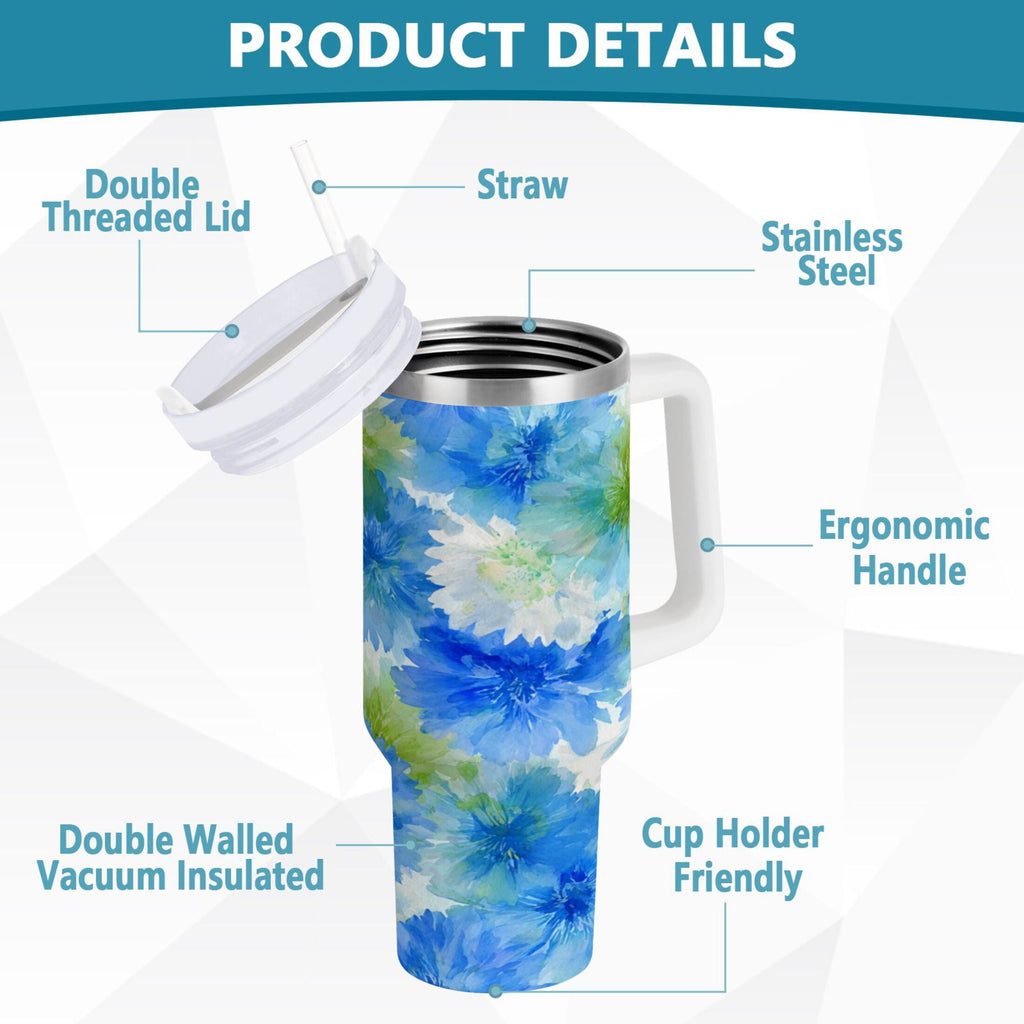 40 oz Insulated Stainless Steel Tumbler Double Wall Stainless Steel Tumbler with 2-Way Drinking Watercolor Blue Cornflowers C567Z