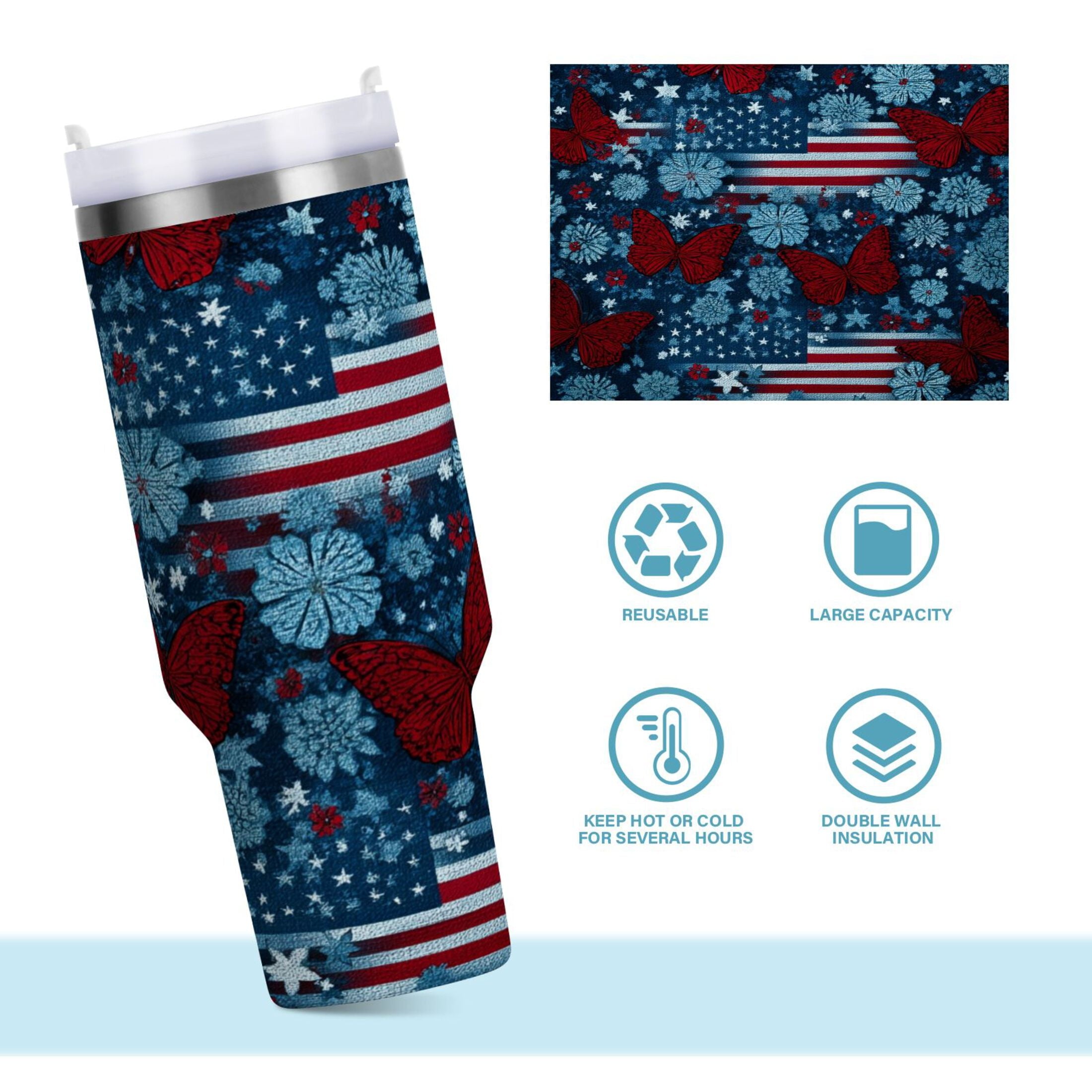 30 oz Insulated Stainless Steel Tumbler Double Wall Stainless Steel Tumbler with 2-Way Drinking Red Butterflies and Flags C621J