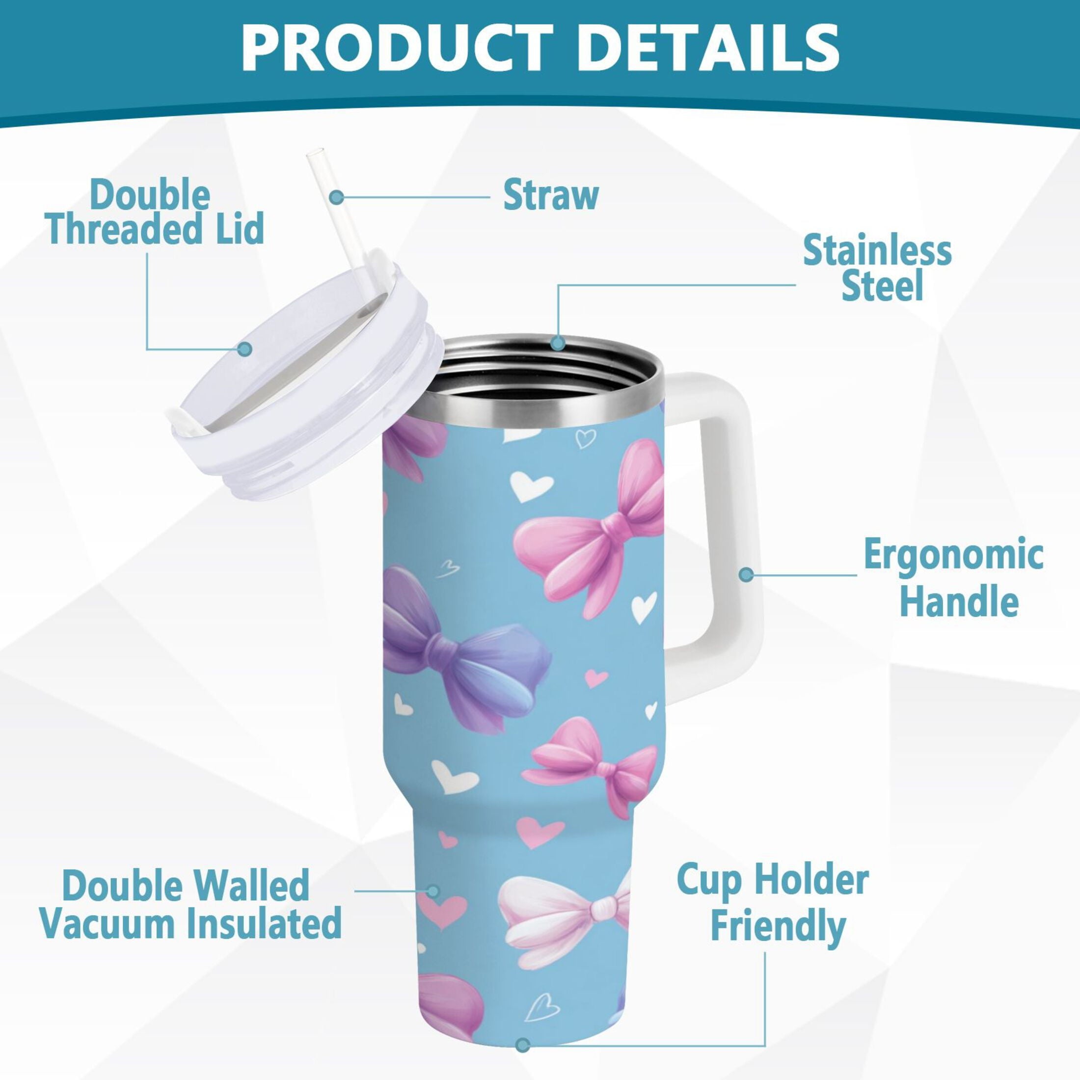 30 oz Insulated Stainless Steel Tumbler Double Wall Stainless Steel Tumbler with 2-Way Drinking Pink and Purple Bows C526N