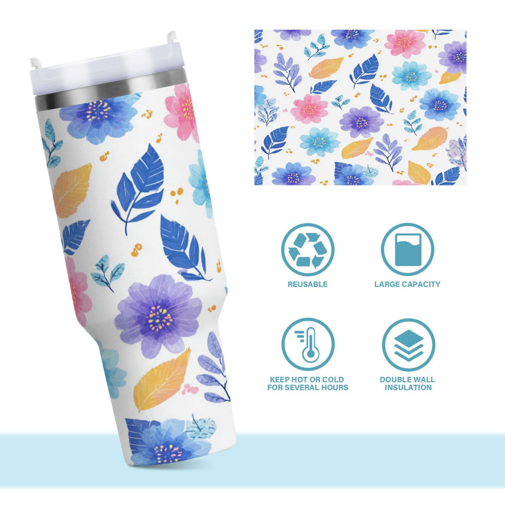 30 oz Insulated Stainless Steel Tumbler Double Wall Stainless Steel Tumbler with 2-Way Drinking Blue and Purple Flowers C522M