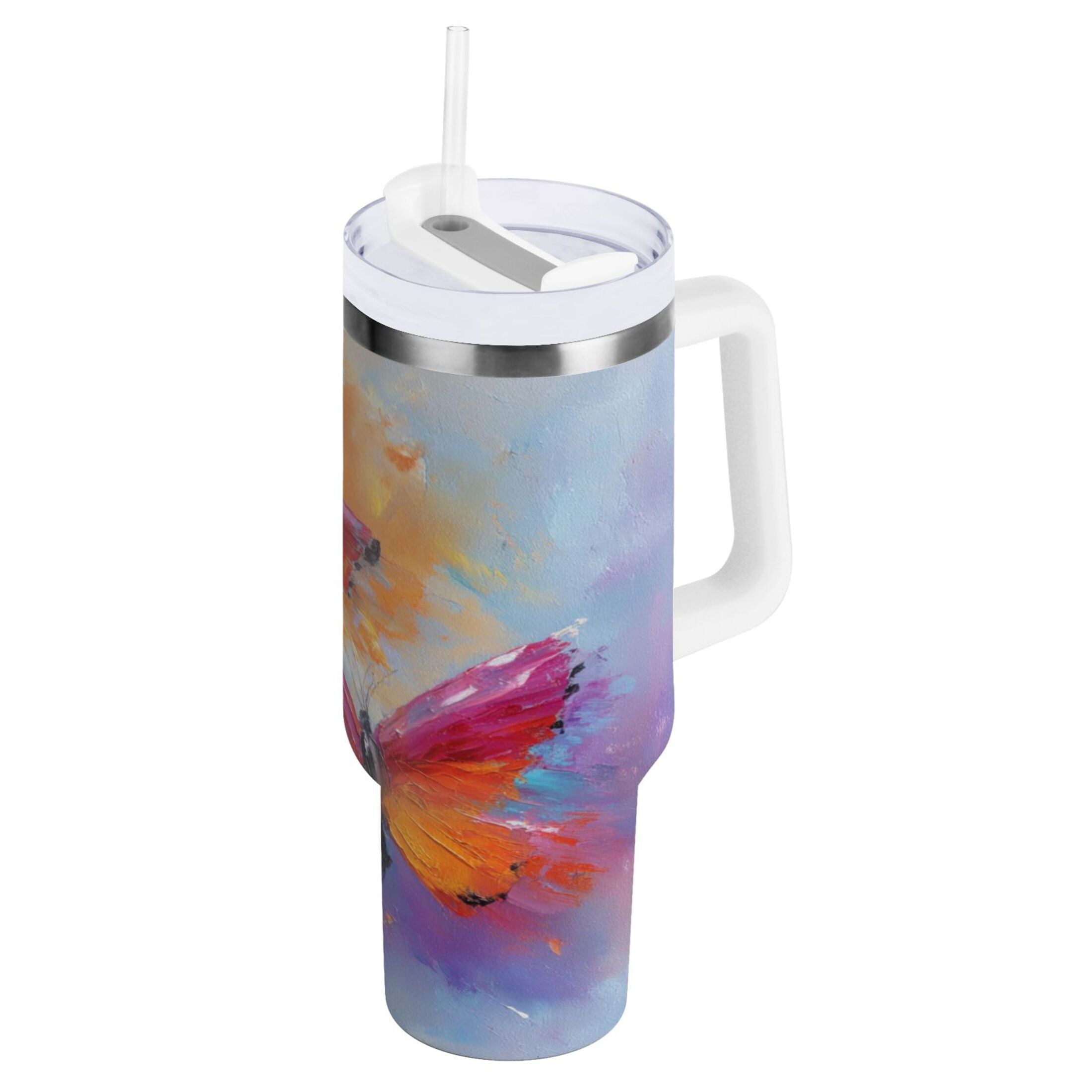 30 oz Insulated Stainless Steel Tumbler Double Wall Stainless Steel Tumbler with 2-Way Drinking Red and Orange Butterflies C467U