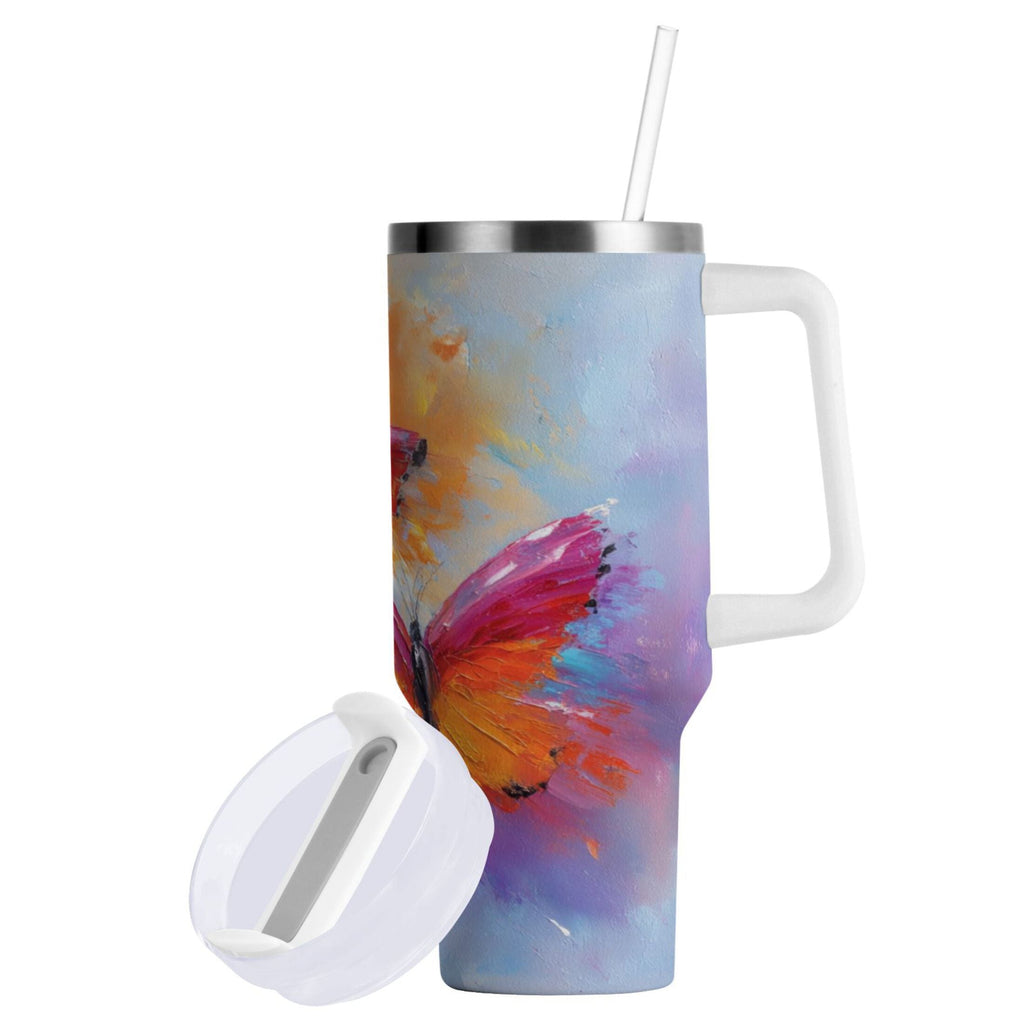 30 oz Insulated Stainless Steel Tumbler Double Wall Stainless Steel Tumbler with 2-Way Drinking Red and Orange Butterflies C467U