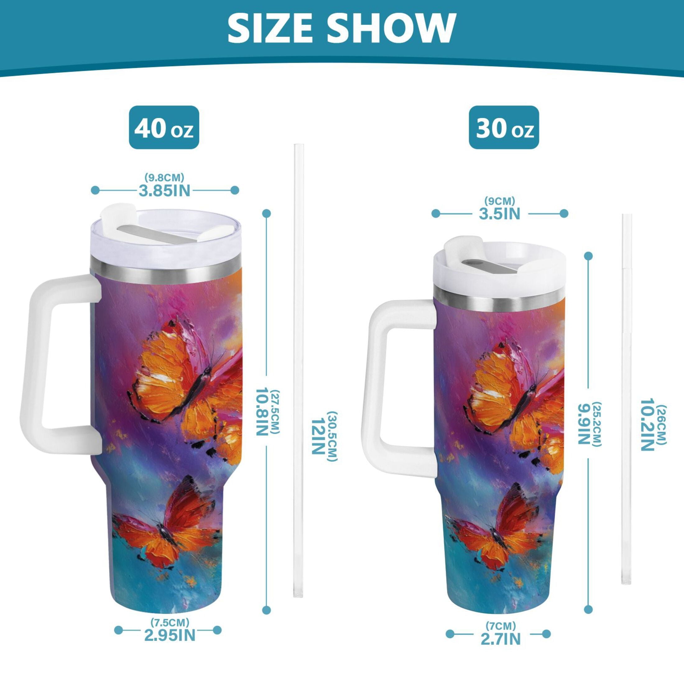 30 oz Insulated Stainless Steel Tumbler Double Wall Stainless Steel Tumbler with 2-Way Drinking Red and Orange Butterflies C467U