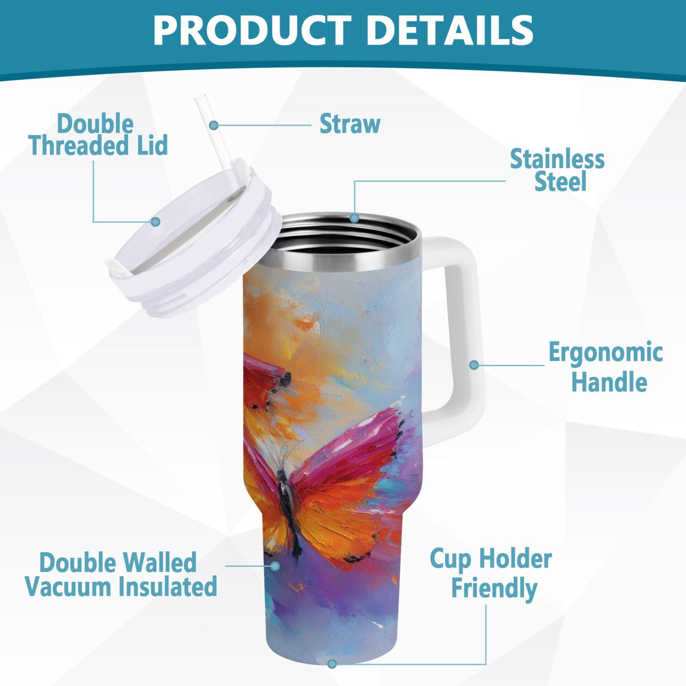 30 oz Insulated Stainless Steel Tumbler Double Wall Stainless Steel Tumbler with 2-Way Drinking Red and Orange Butterflies C467U