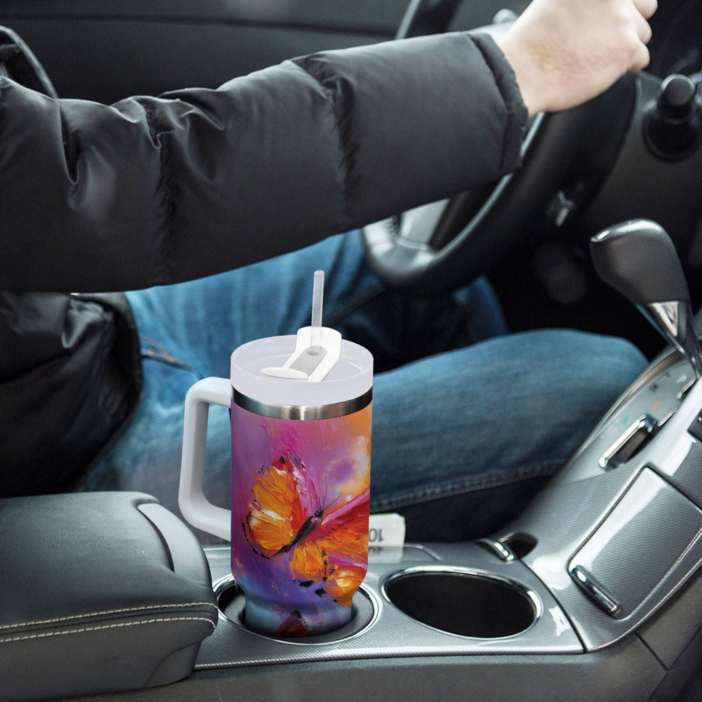 30 oz Insulated Stainless Steel Tumbler Double Wall Stainless Steel Tumbler with 2-Way Drinking Red and Orange Butterflies C467U