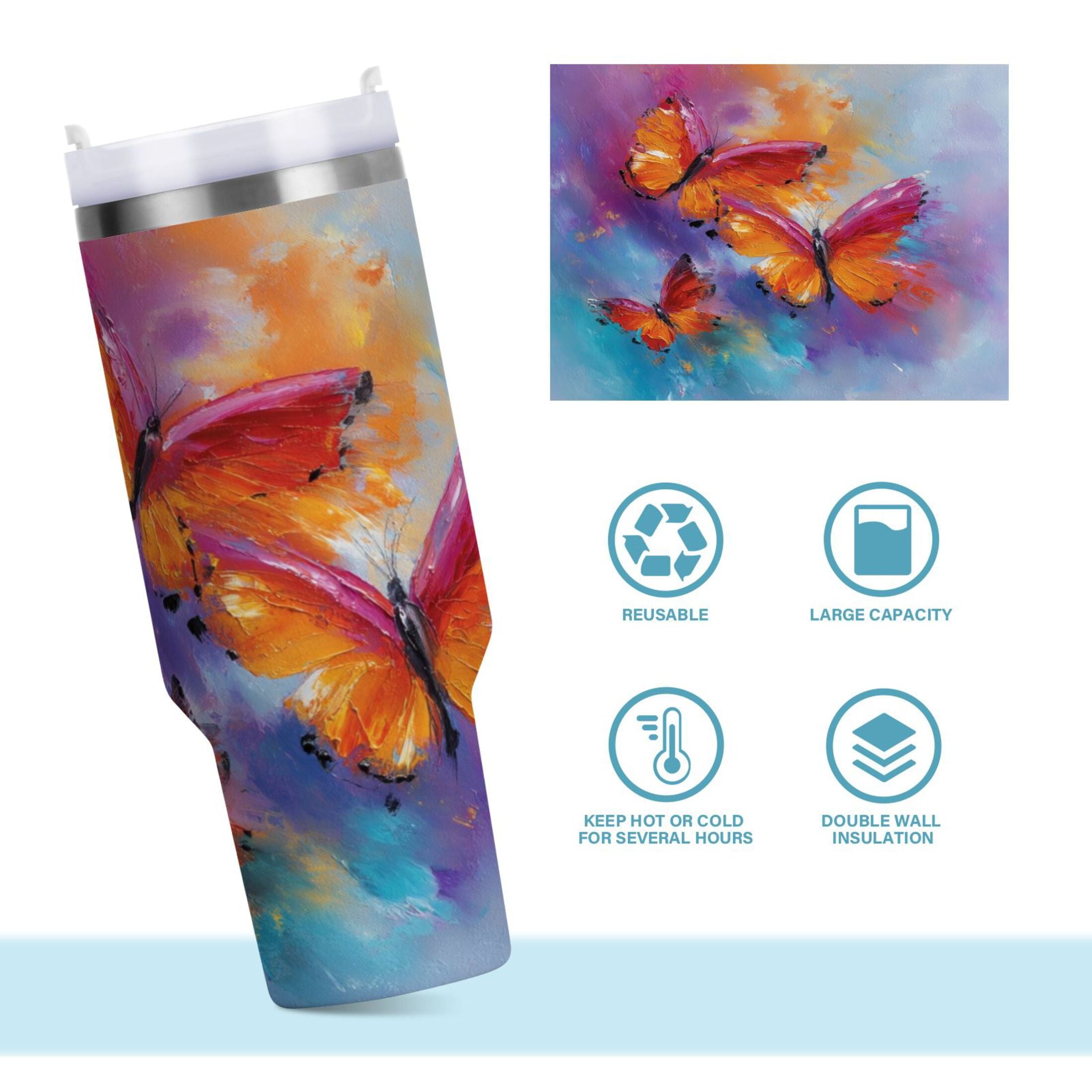 30 oz Insulated Stainless Steel Tumbler Double Wall Stainless Steel Tumbler with 2-Way Drinking Red and Orange Butterflies C467U